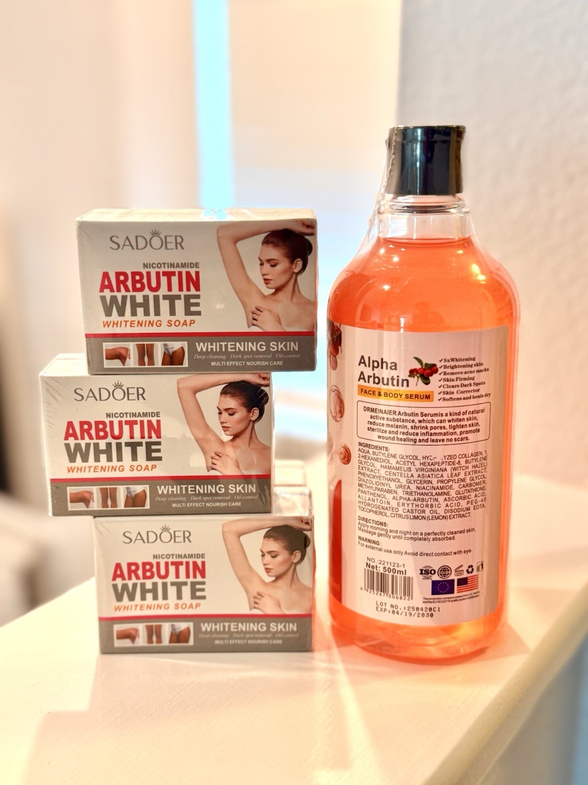 Set Alpha Arbutin Face Body Serum Skin Brightening Moisturizer, 500ml + Soap 4pc