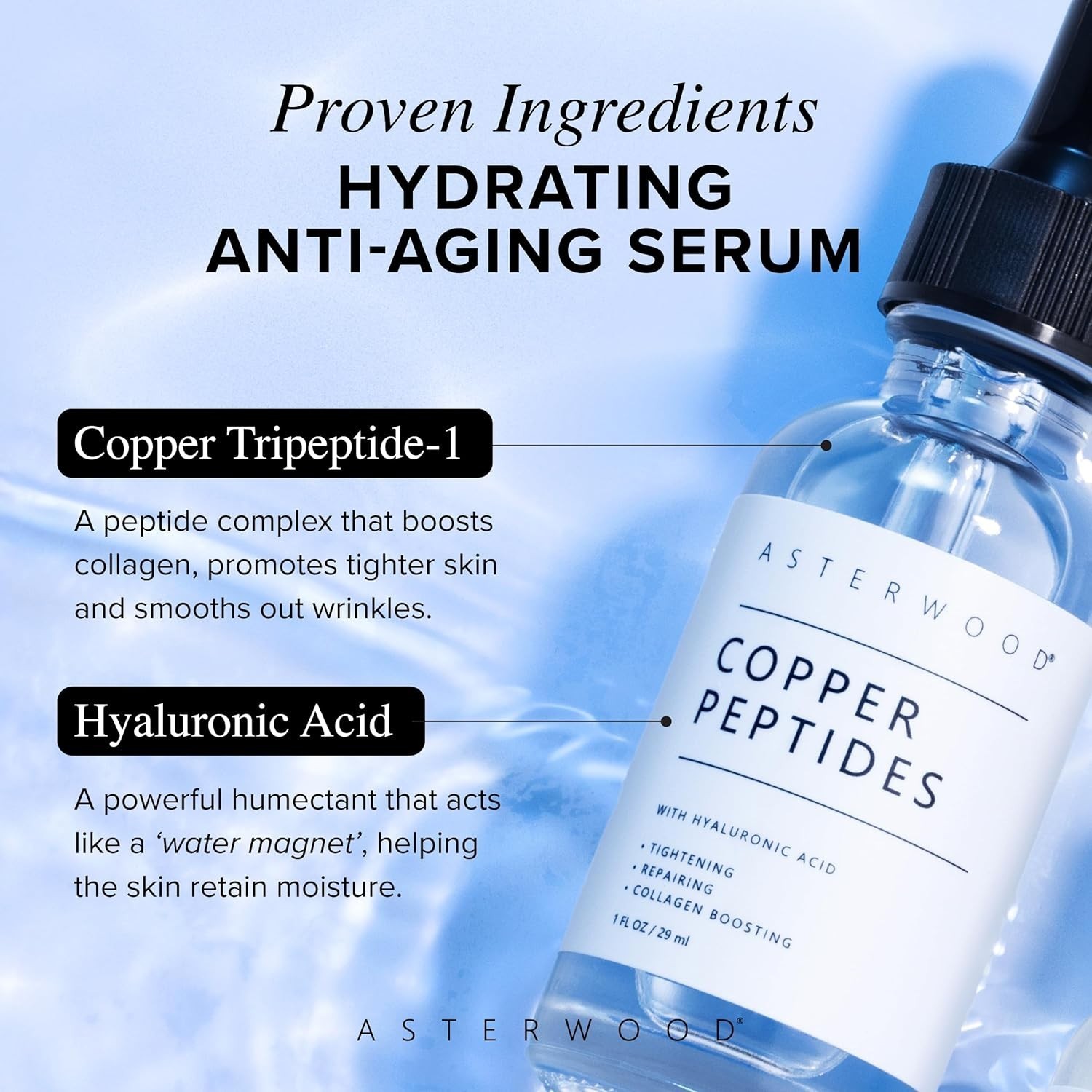 Asterwood Copper Peptides Serum with Hyaluronic Acid 1oz 29ml