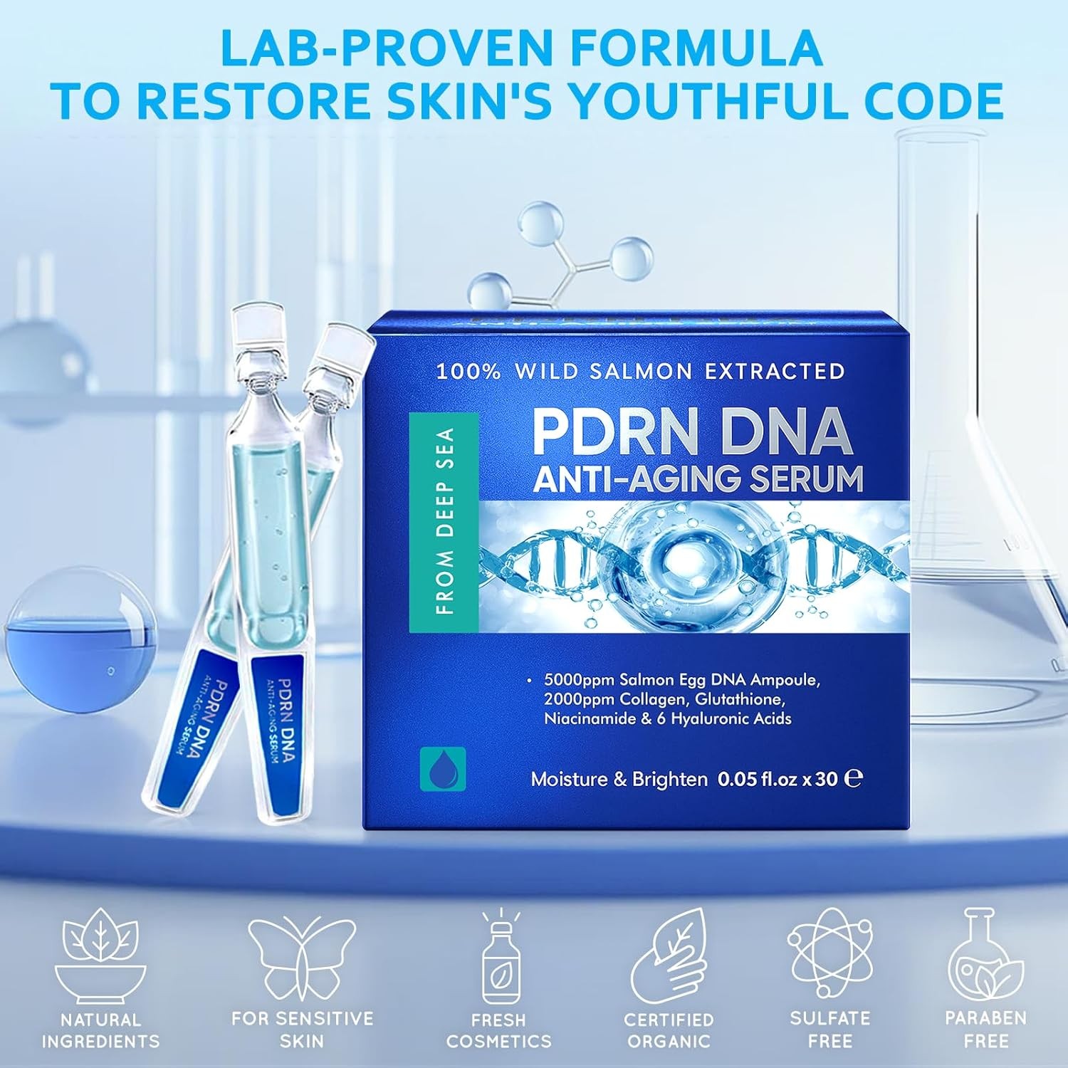 PDRN Salmon DNA Serum, Anti-Aging & Hydration, Collagen, Glutathione, 30 Vials