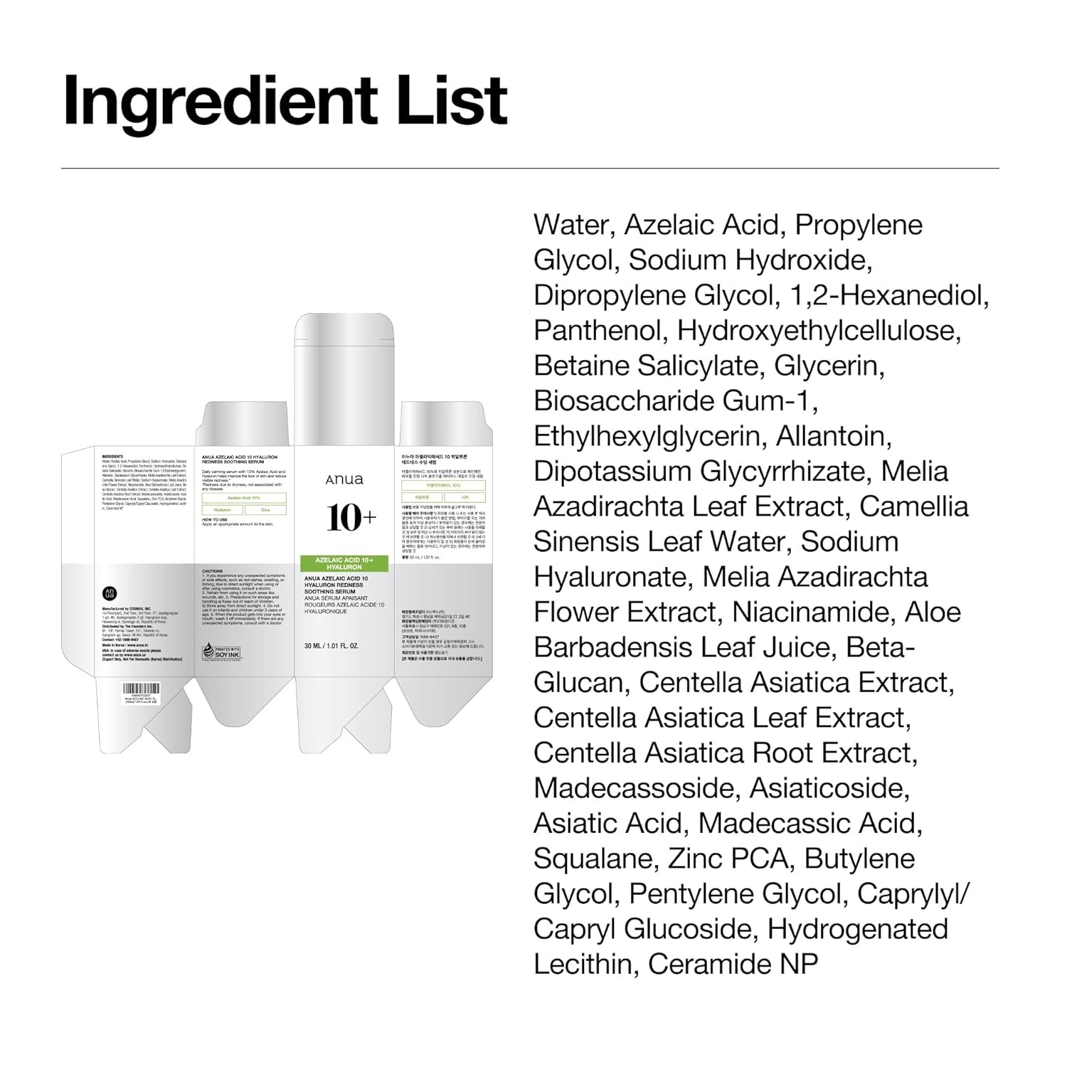 Anua Azelaic Acid 10 Hyaluron Redness Soothing Serum, Facial Serum for Blemish-P