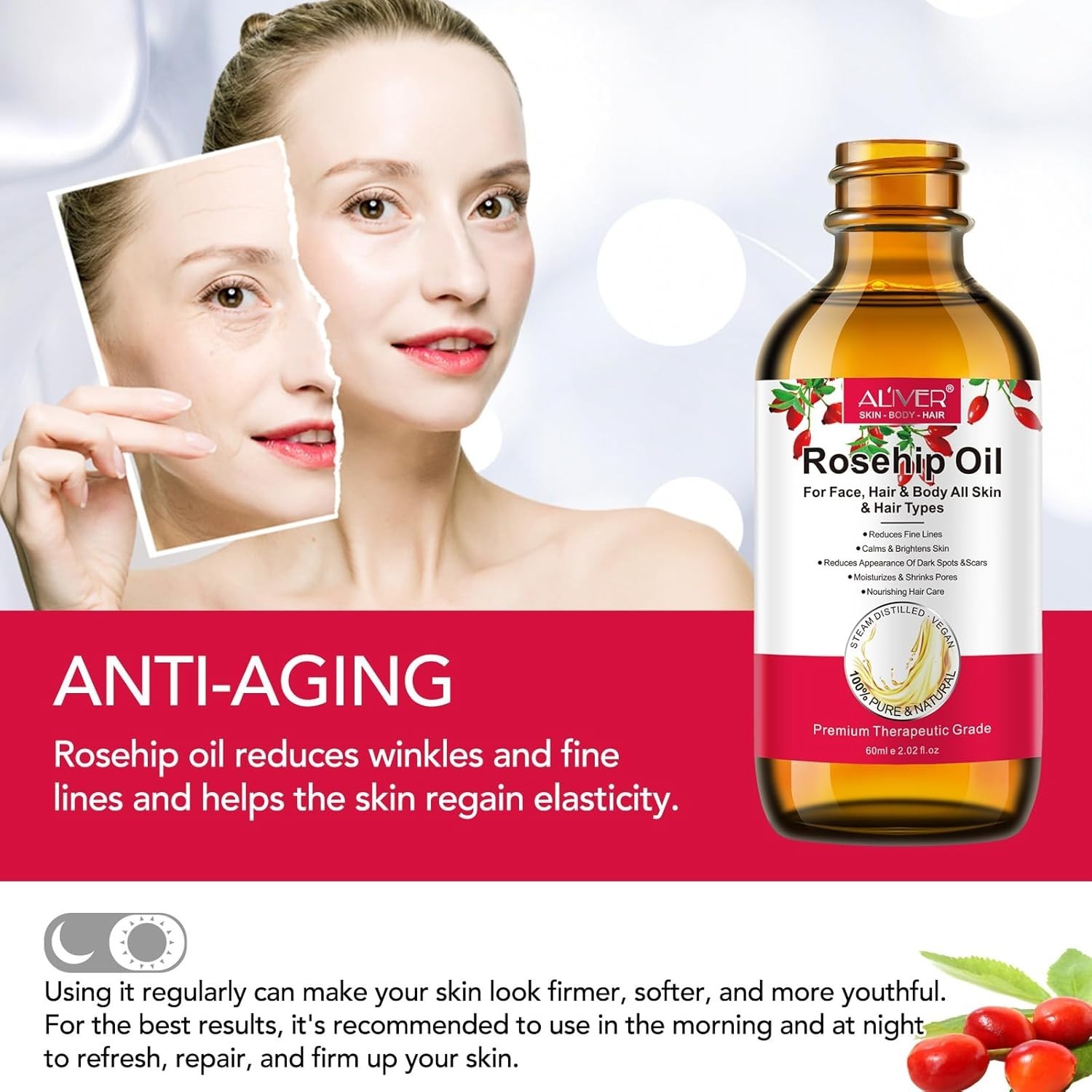 Rosehip Oil for Face, Rose Hip Oil Organic Rosehip Seed Oil 100% Pure Cold