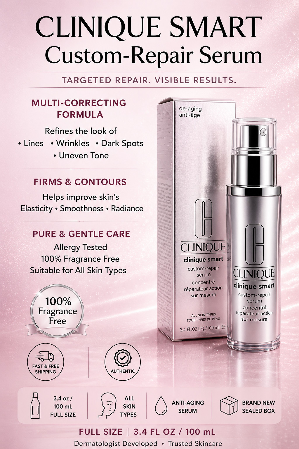 Clinique Smart Custom-Repair De-Aging Serum 3.4 oz 100 mL Brand New SEALED