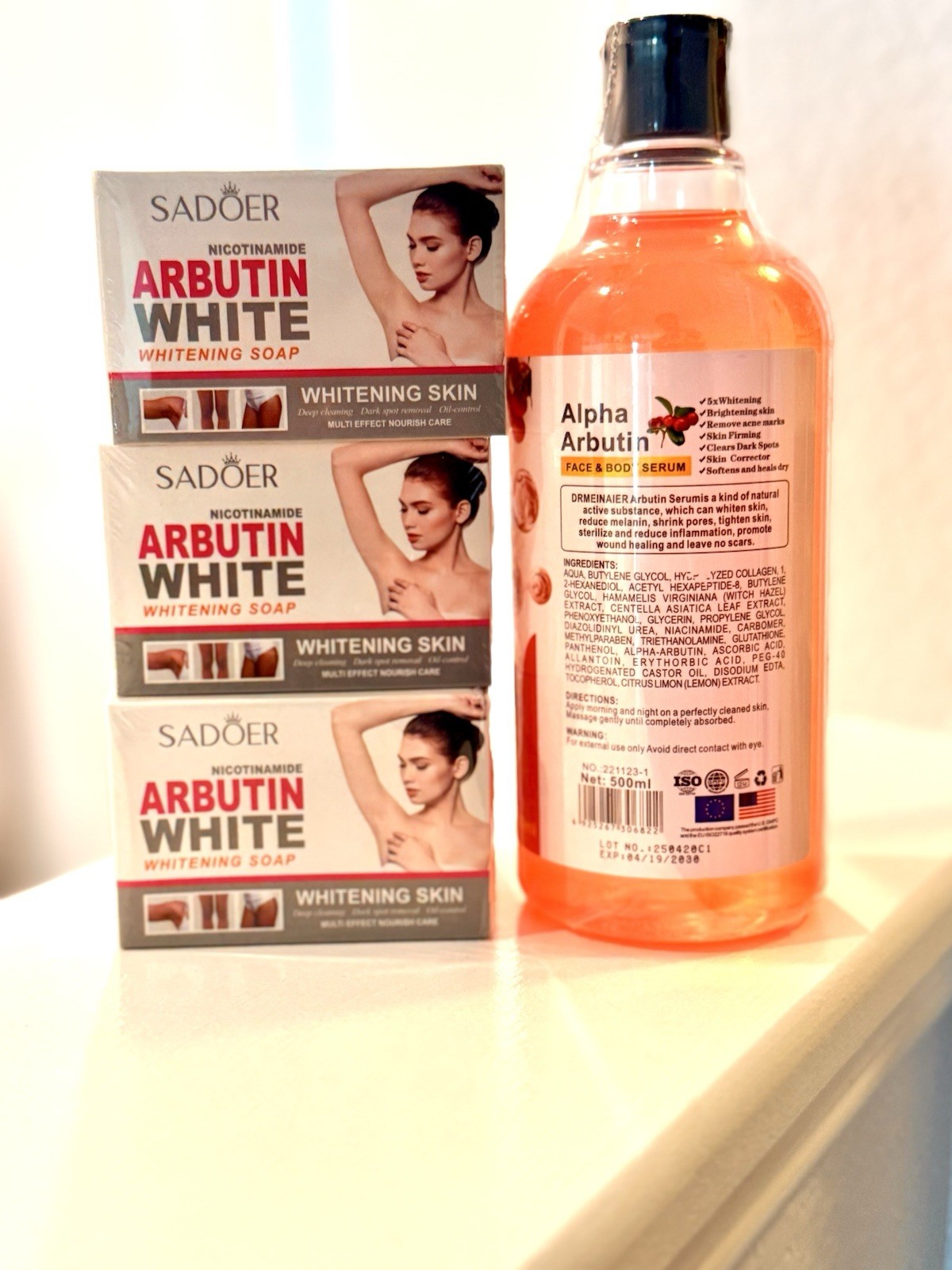 Set Alpha Arbutin Face Body Serum Skin Brightening Moisturizer, 500ml + Soap 4pc