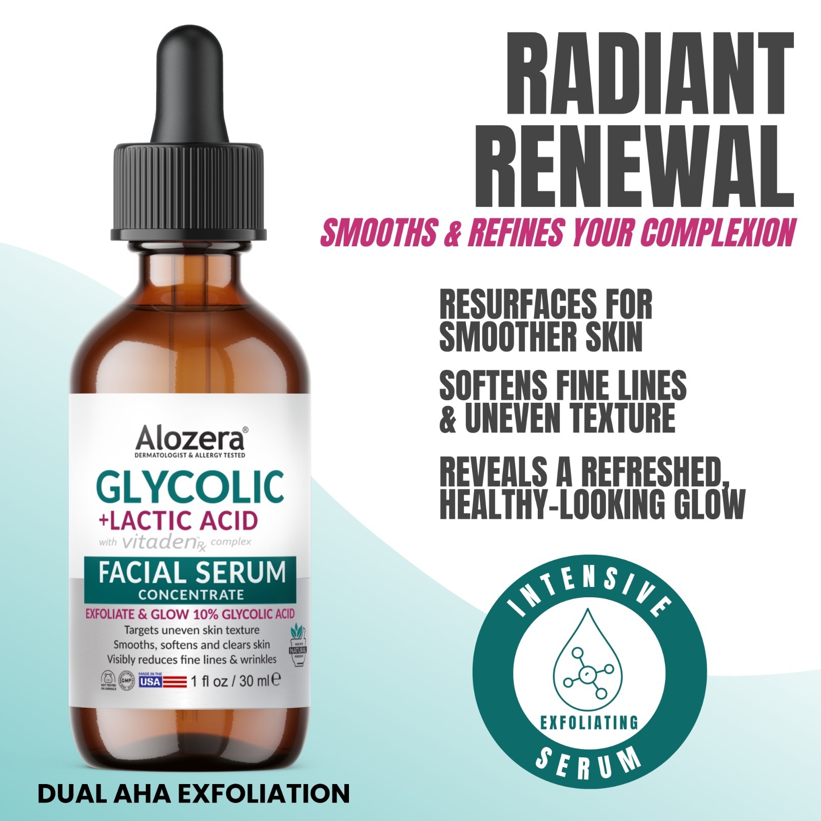 Alozera AHA Serum Glycolic Lactic Acid Exfoliating Pore Refining Night Serum