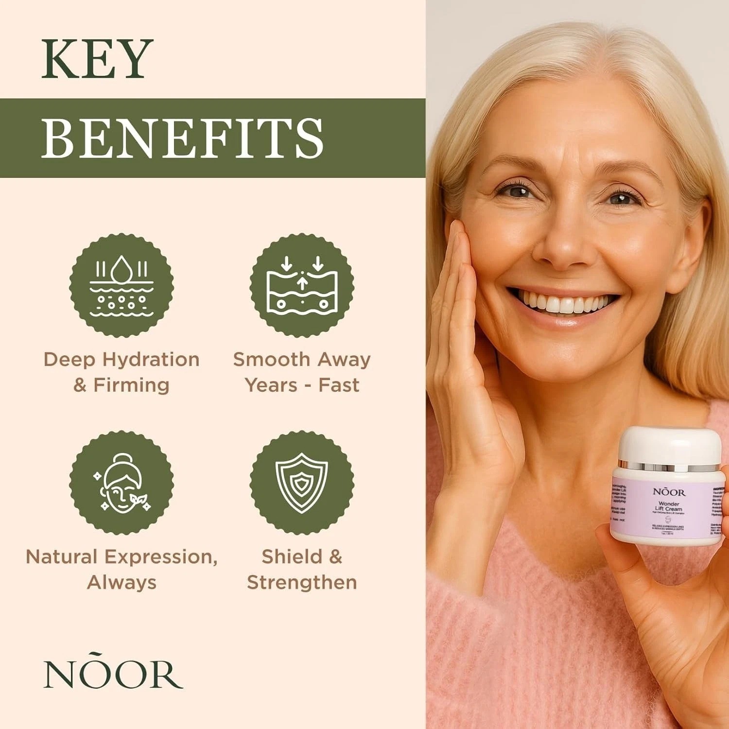 Noor Wonder Lift Cream For Women Natural Anti-Aging Wrinkle Treatment w/ Syn-Ake