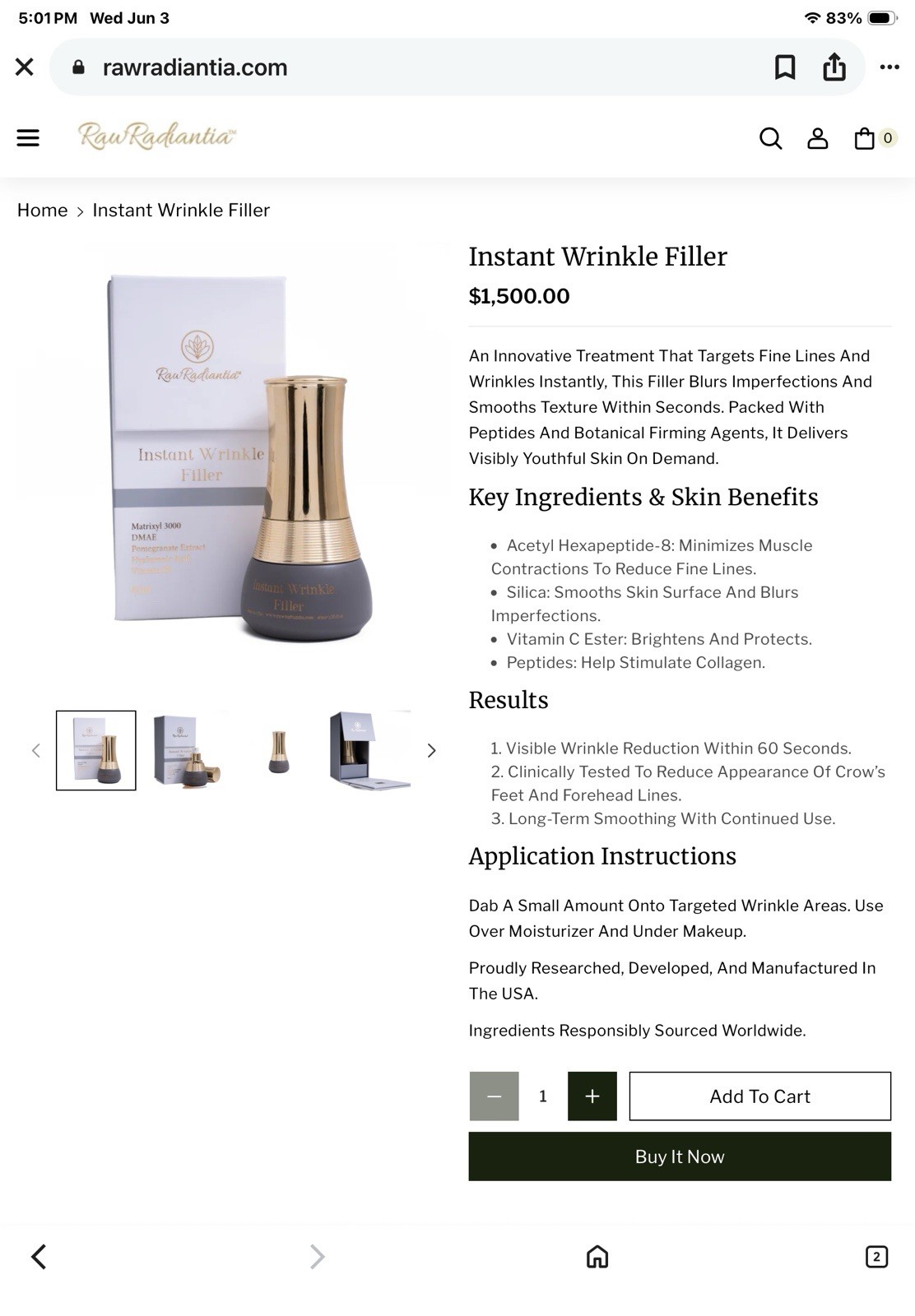 RawRadiantia Instant Wrinkle Filler for Face Wrinkles Matrixyl DMAE 40 ml 1