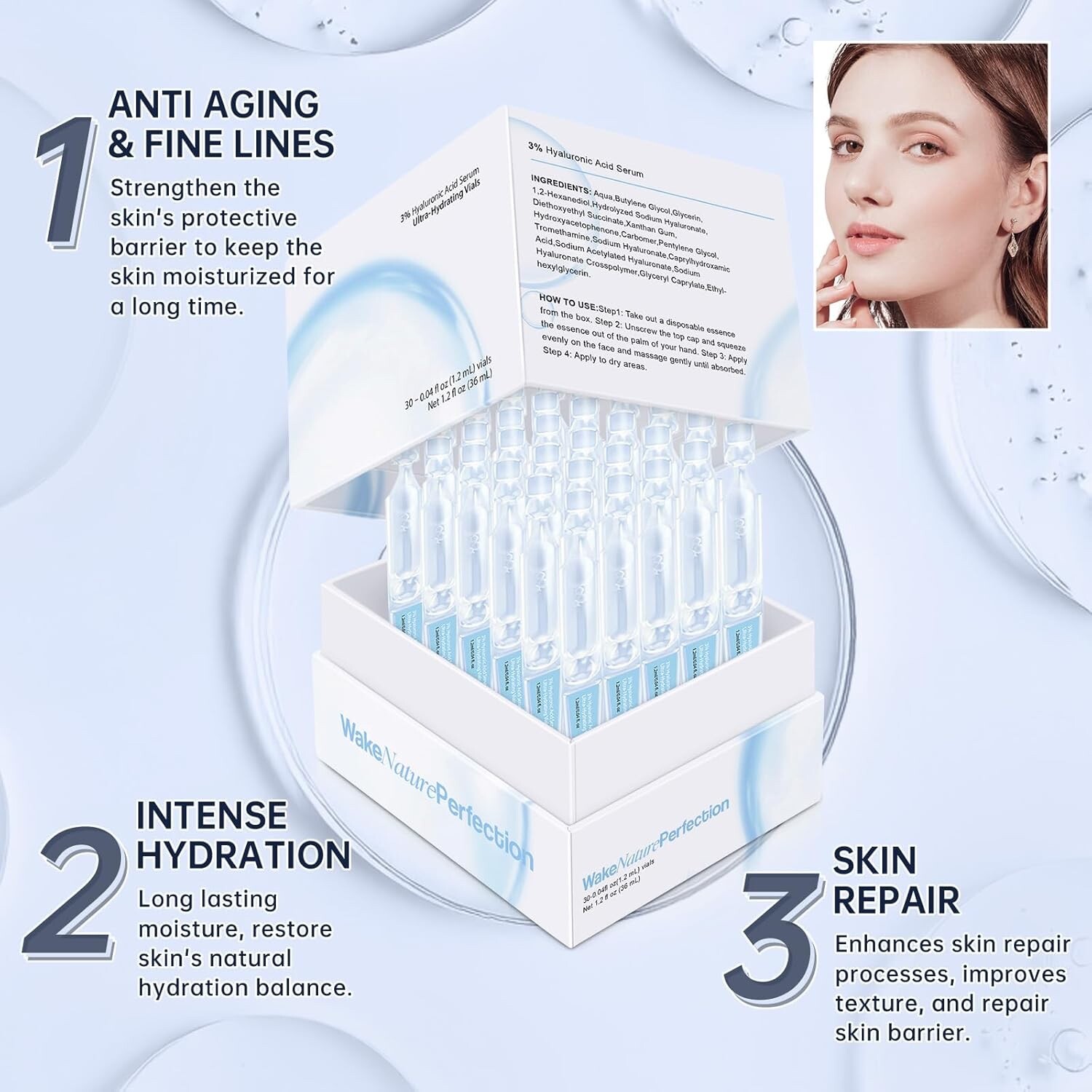 30PCS 5% Hyaluronic Acid Serum Vials – Moisturizing, Firming, Single-Use Tubes