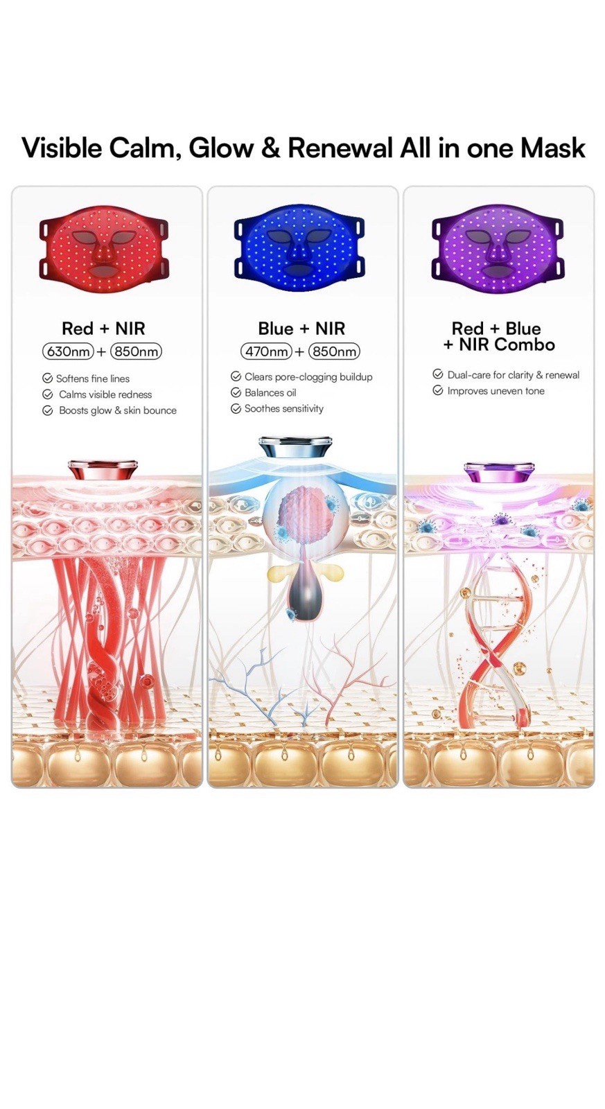 INIA Red Light Therapy Mask for Face – 4 Light Modes with 850nm NIR, Red Blu…