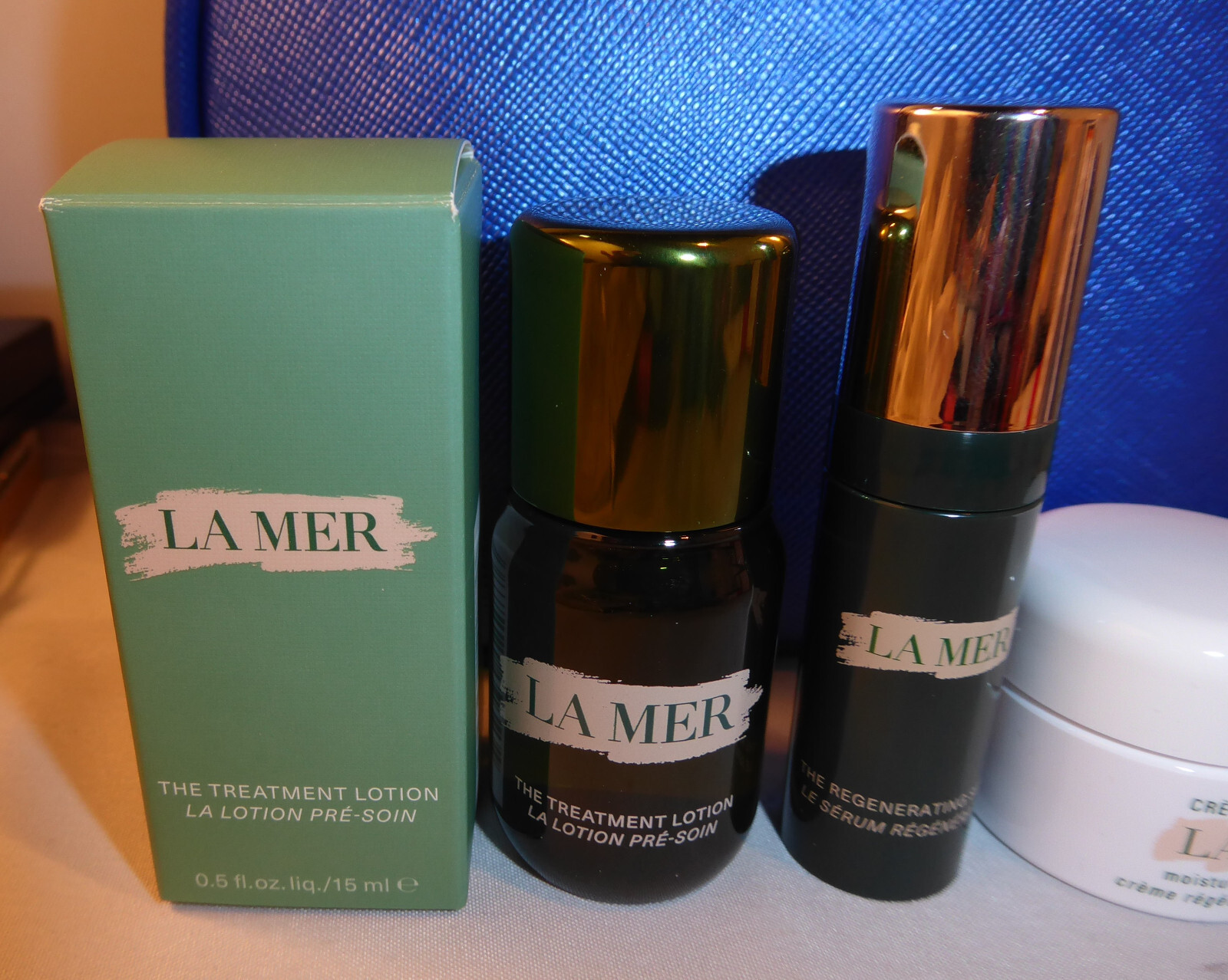 LA MER 5PC Mini Gift Set Blue Bag, Treatment Lotion, Cream, Serum, Eye Cream NEW