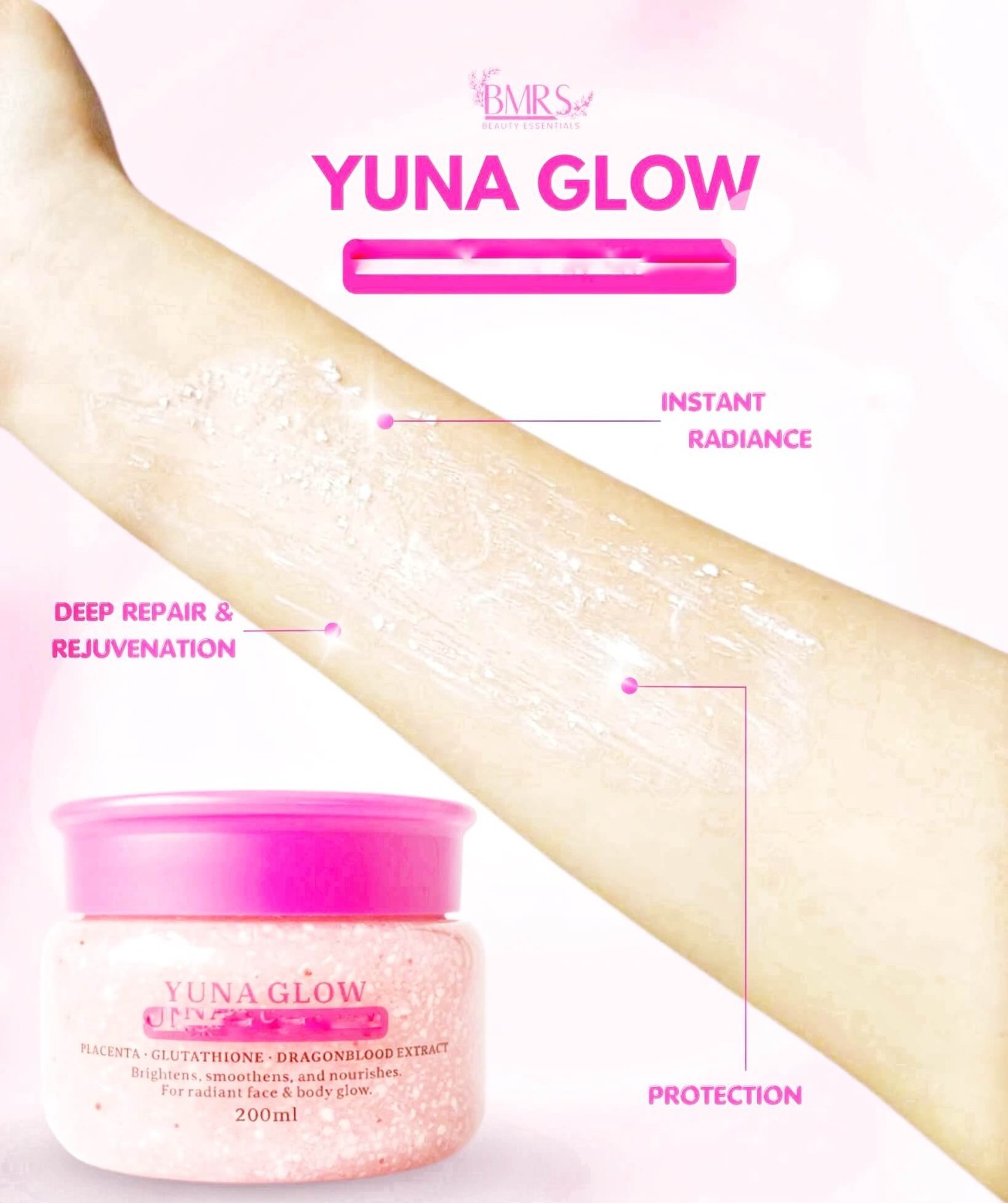 BMRS YUNA GLOW Face Body Cream 200ml – Placenta Glutathione Dragon Blood