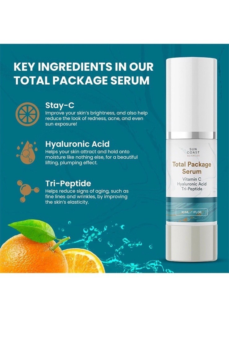 1PACK Sun Coast Science Total Package Serum, Vitamin C, Hyaluronic Acid, 1 Ounce