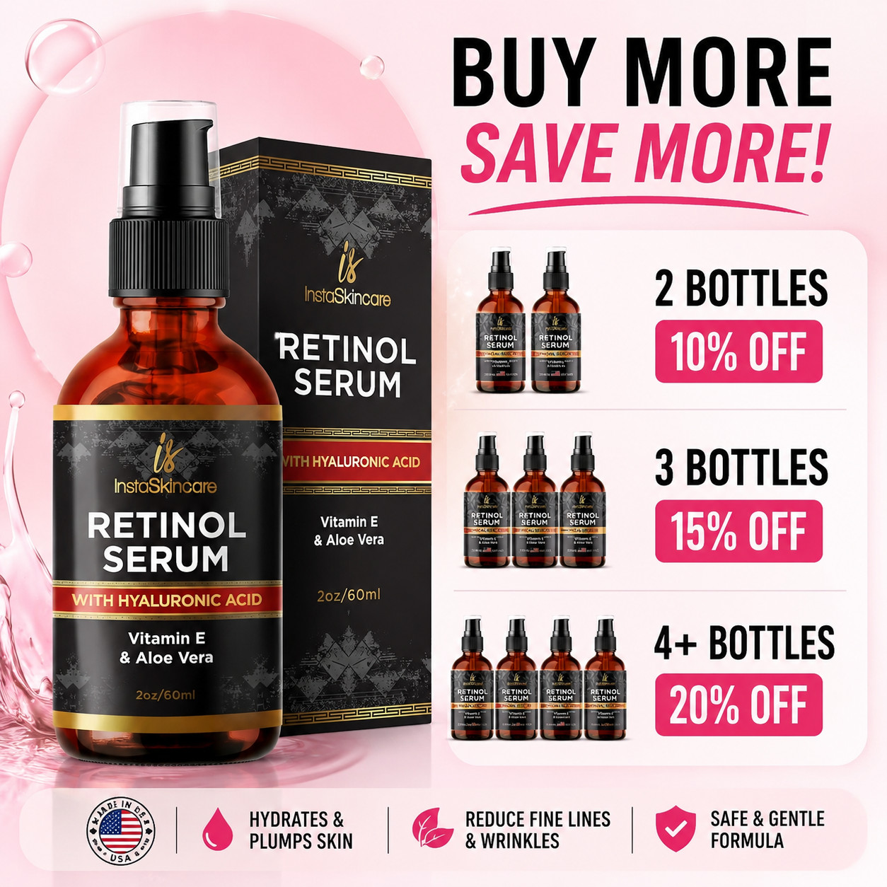 Retinol Serum For Face Anti Aging + Hyaluronic Acid Vitamin A E Aloe Vera