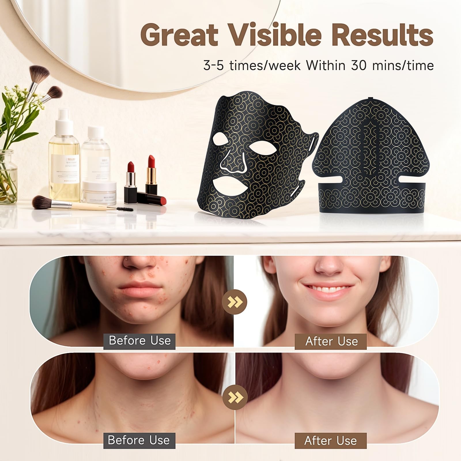 LED Light Therapy Mask for Face & Neck, 7 Color Rechargeable, Adjustable Brightn