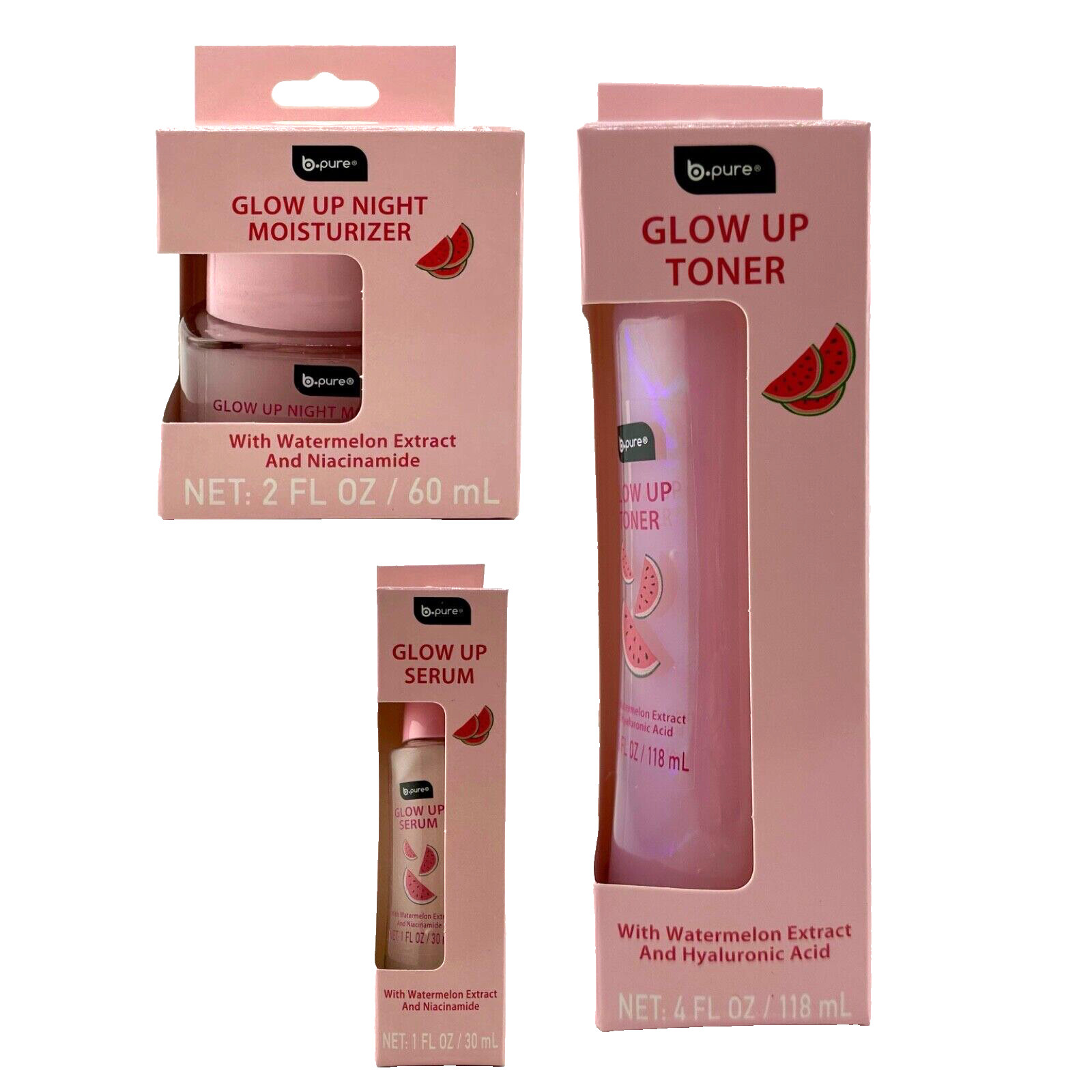 B-Pure Watermelon Glow Up Night Moisturizer, Serum & Toner – 2 Sets