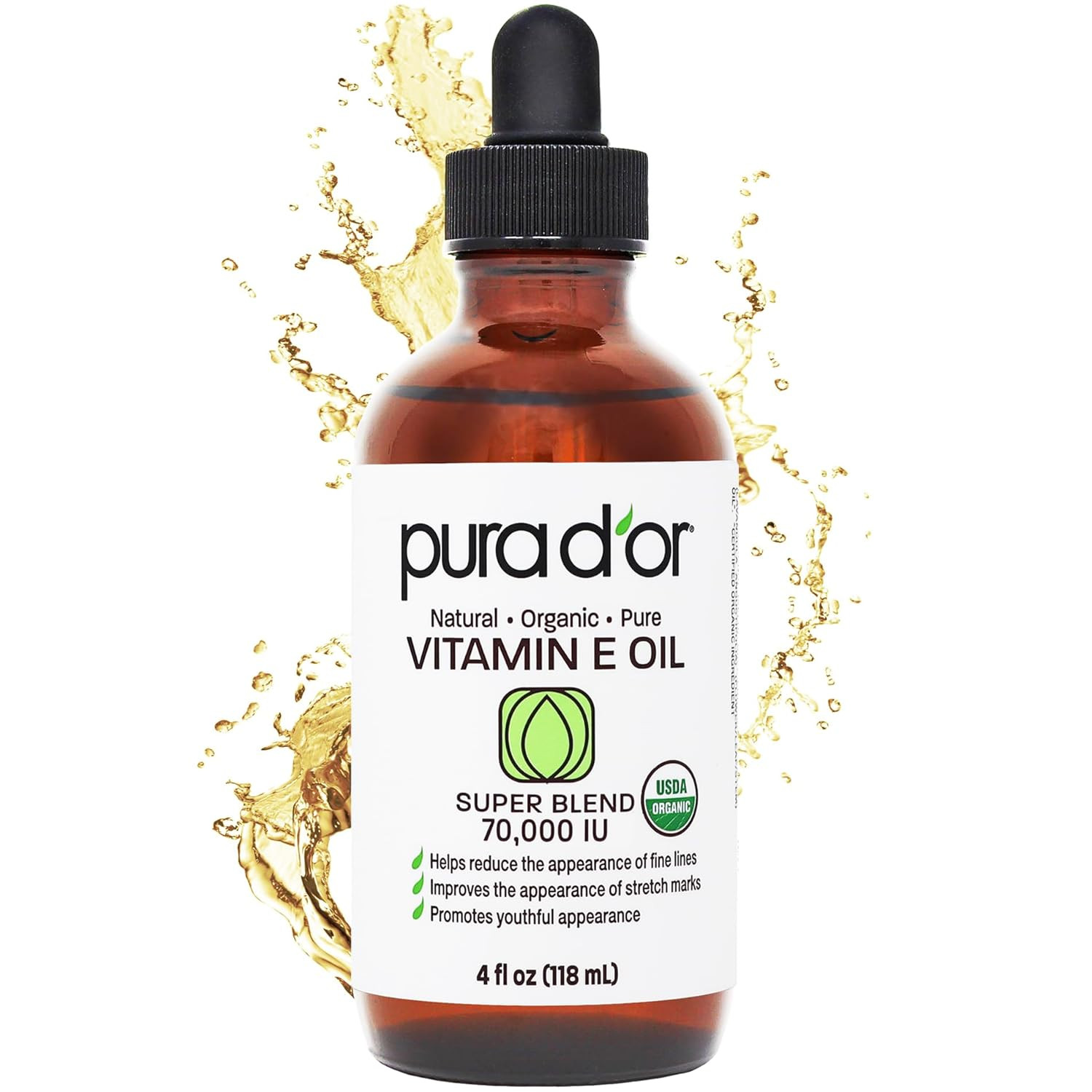 4 Oz Organic Vitamin E Oil 70,000 IU, USDA Certified Face, Body, Hair & Bath Oil