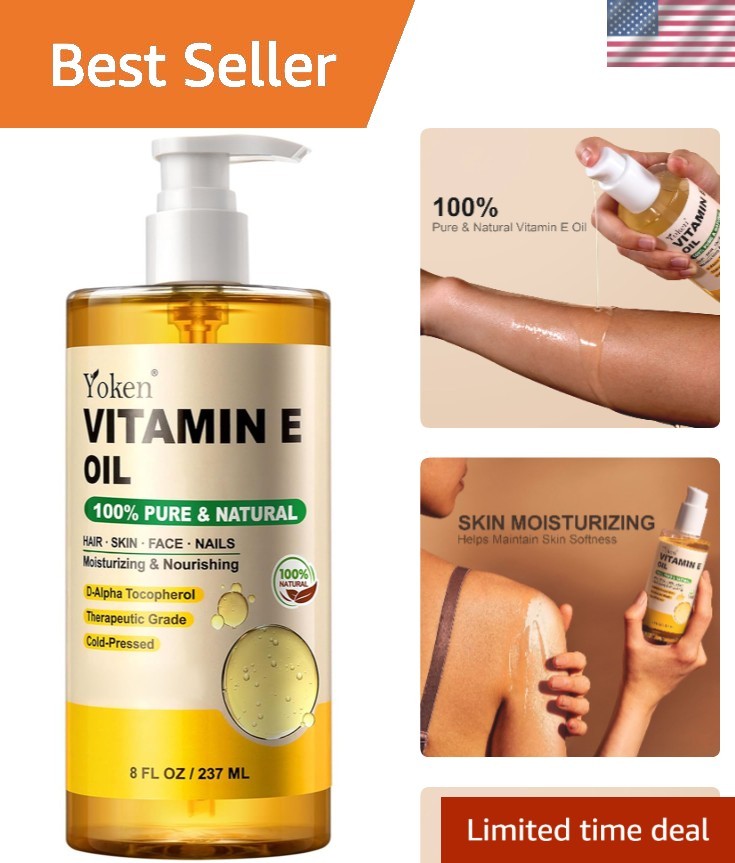 8 Oz Organic Vitamin E Oil – Hydrating Body & Face Oil, Cold Pressed & No Scent