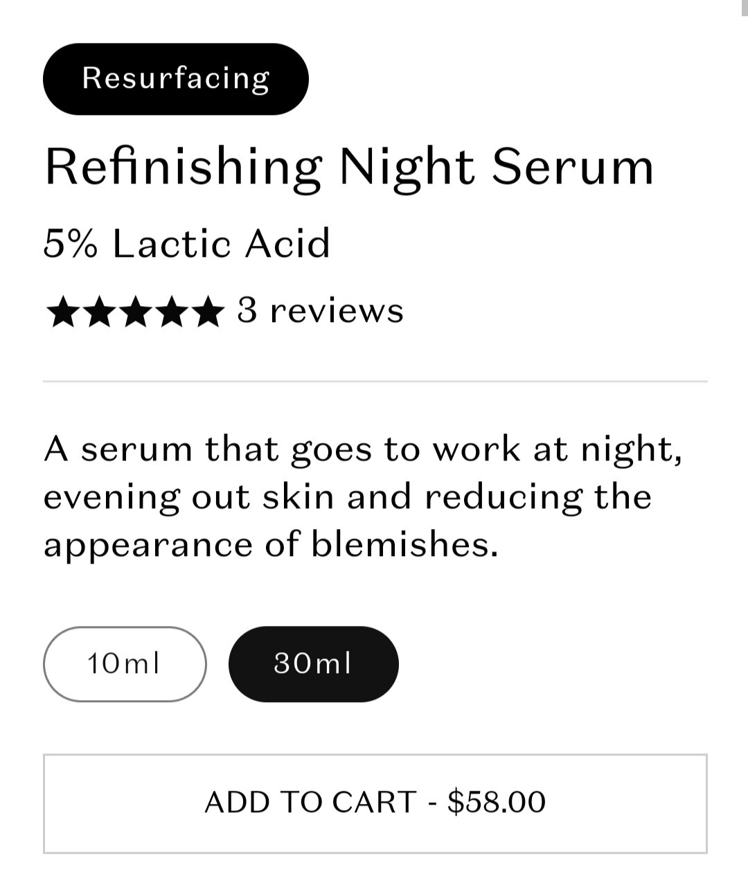 FEEL Beauty Refinishing Night Serum Lactic Acid 1 oz 30 mL $58 Anti Blemish