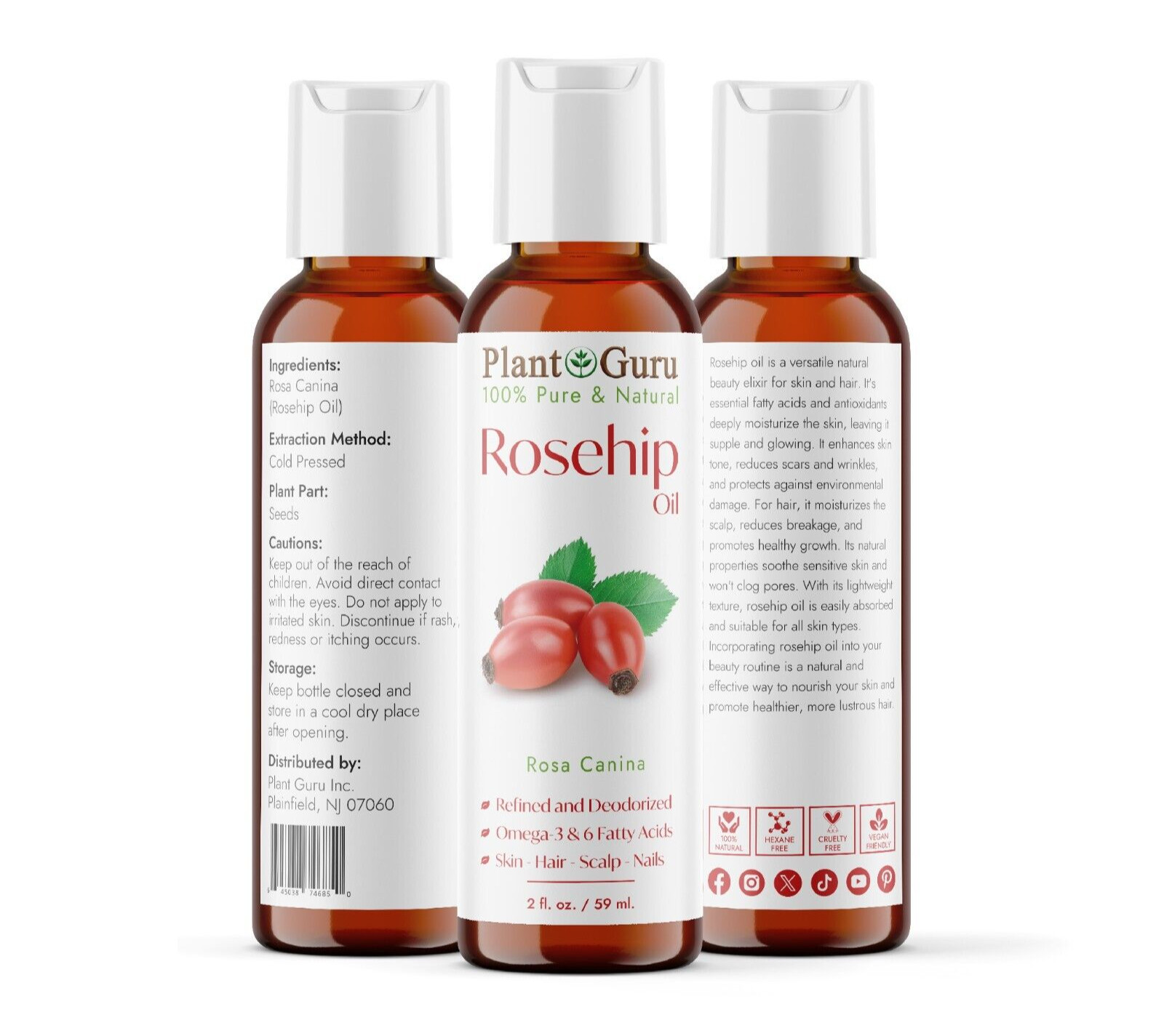 Rosehip Oil 2 oz. Cold Pressed REFINED 100% Pure Natural For Skin Hair