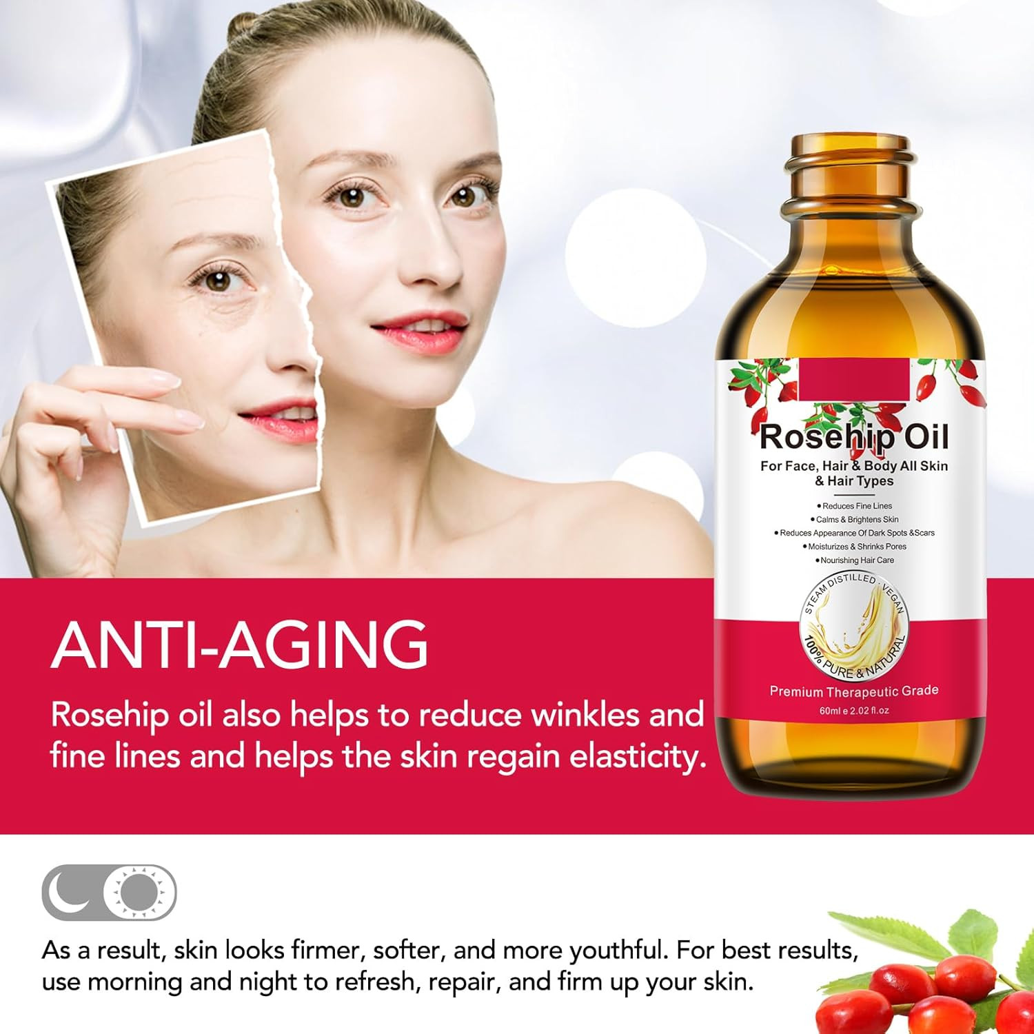 Rosehip Oil for Face, Rose Hip Oil Organic Rosehip Seed Oil 100% Pure Cold Press