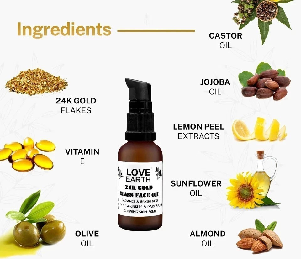 Love Earth 24K Gold Glass Face Oil for Skin Brightening Anti-Aging 30ml