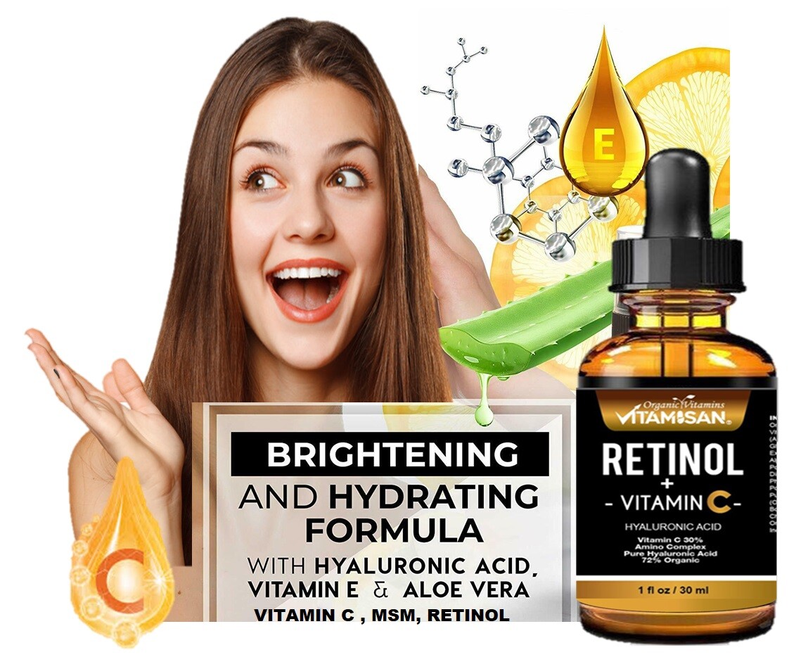 VITAMIN C SERUM 30% + E + RETINOL + HYALURONIC ACID (HA) Organic Anti-Aging