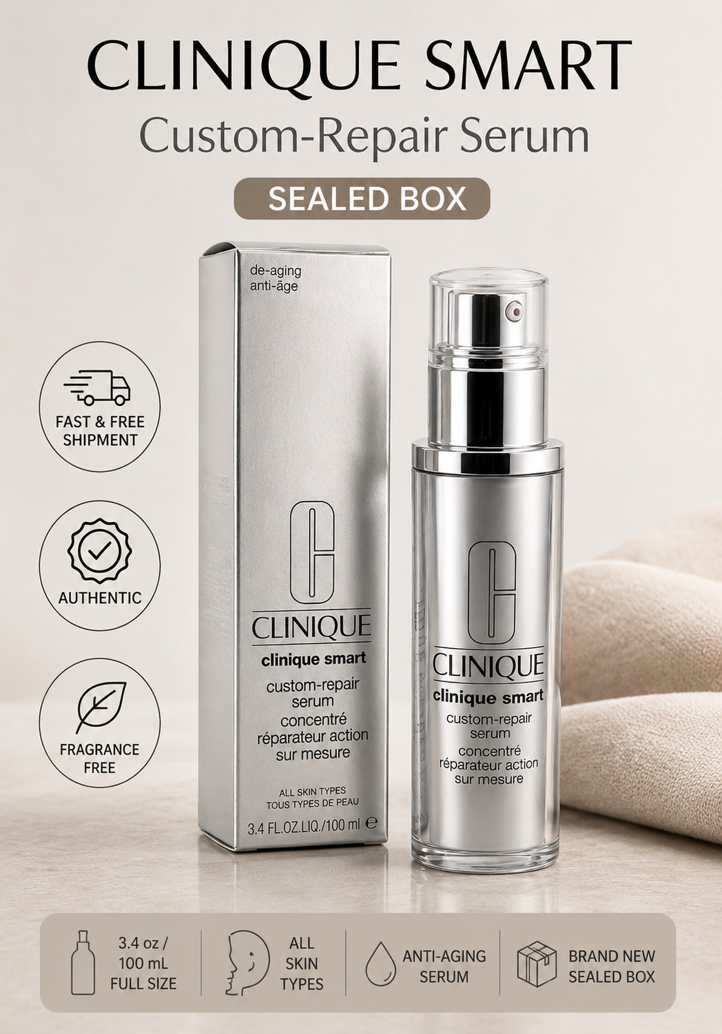 Clinique Smart Custom-Repair De-Aging Serum 3.4 oz 100 mL Brand New SEALED