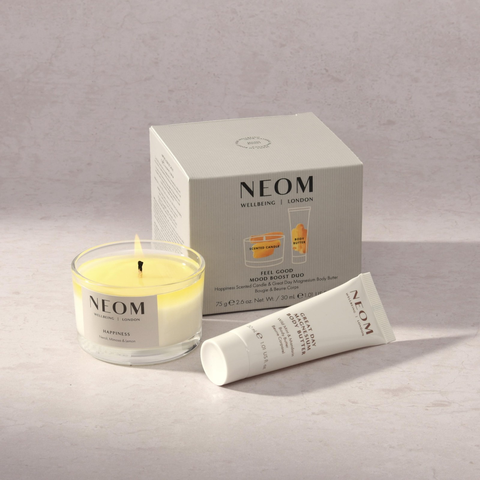 Neom Feel Good Mood Boost Duo Gift Set I Contains Happiness Travel Candle 75G
