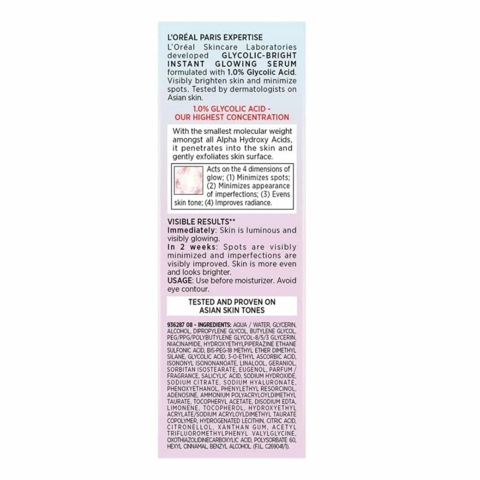 L’Oreal Paris Glycolic Bright 8% Face Serum for Brightening Dark Spots 30ml