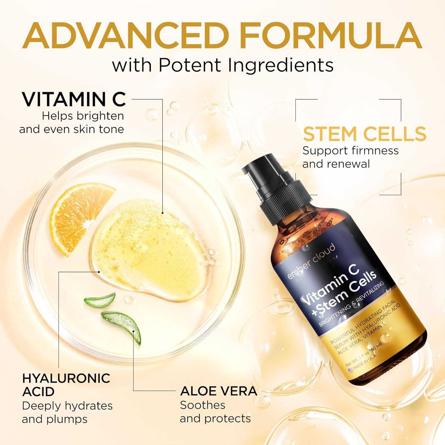 Vitamin C Face Serum Stem Cells Hyaluronic Acid Aloe Vera Vitamin E Anti Aging