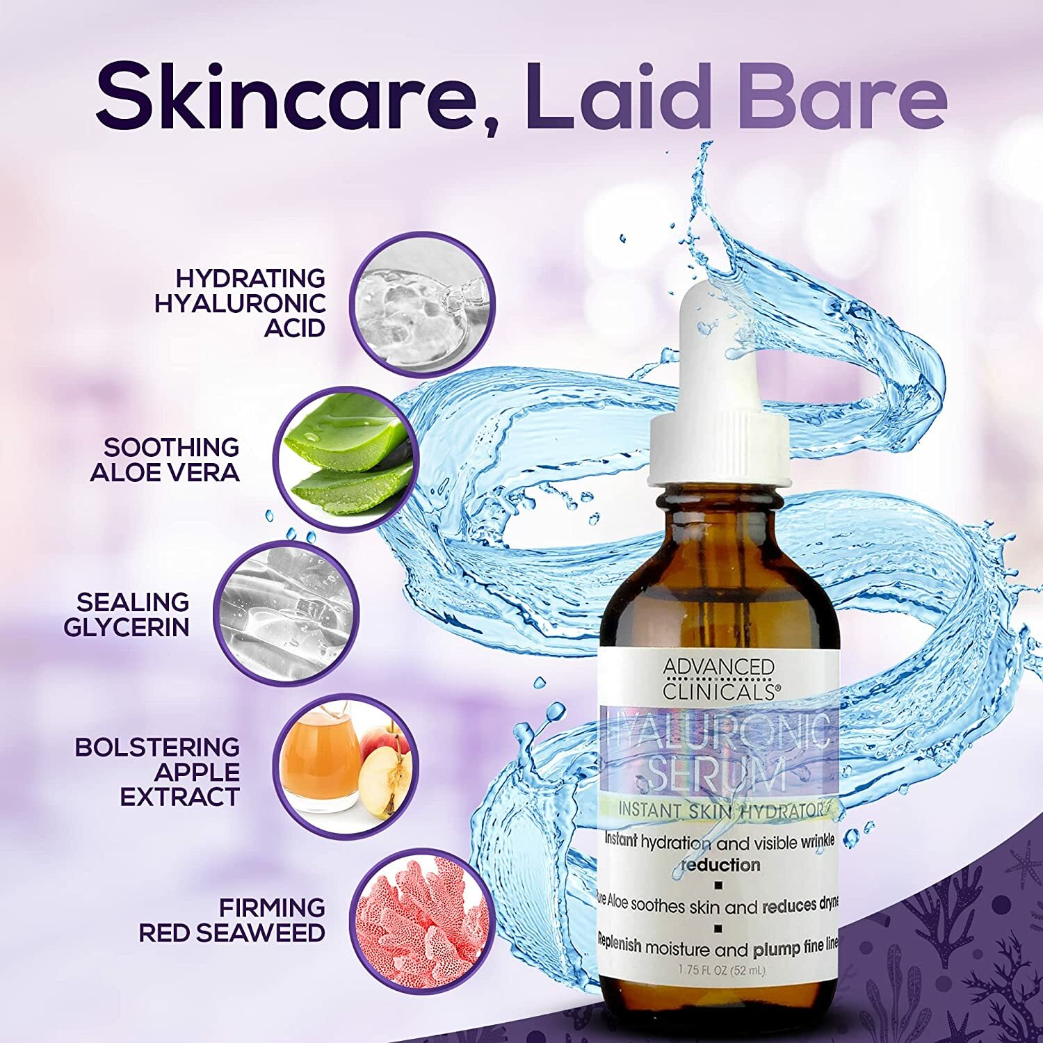Advanced Clinicals Hyaluronic Acid Serum Instant Skin Hydrator 1.75 Fl Oz (52mL)