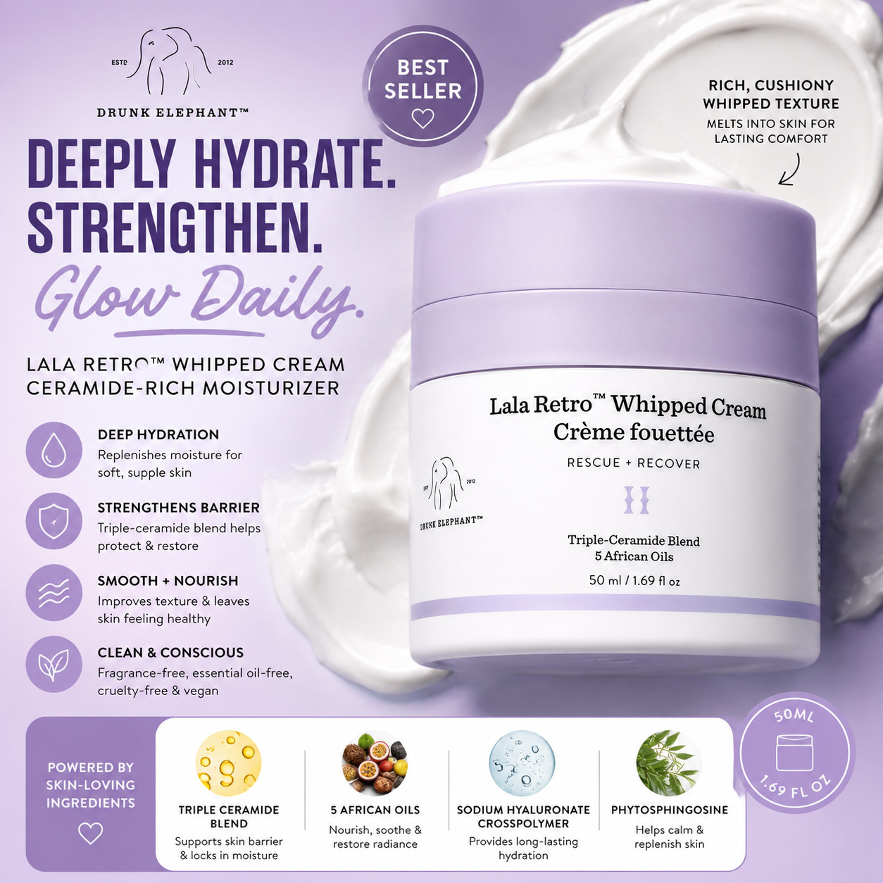 Drunk Elephant Lala Retro Whipped Cream 50ml Ceramide Moisturizer Hydration