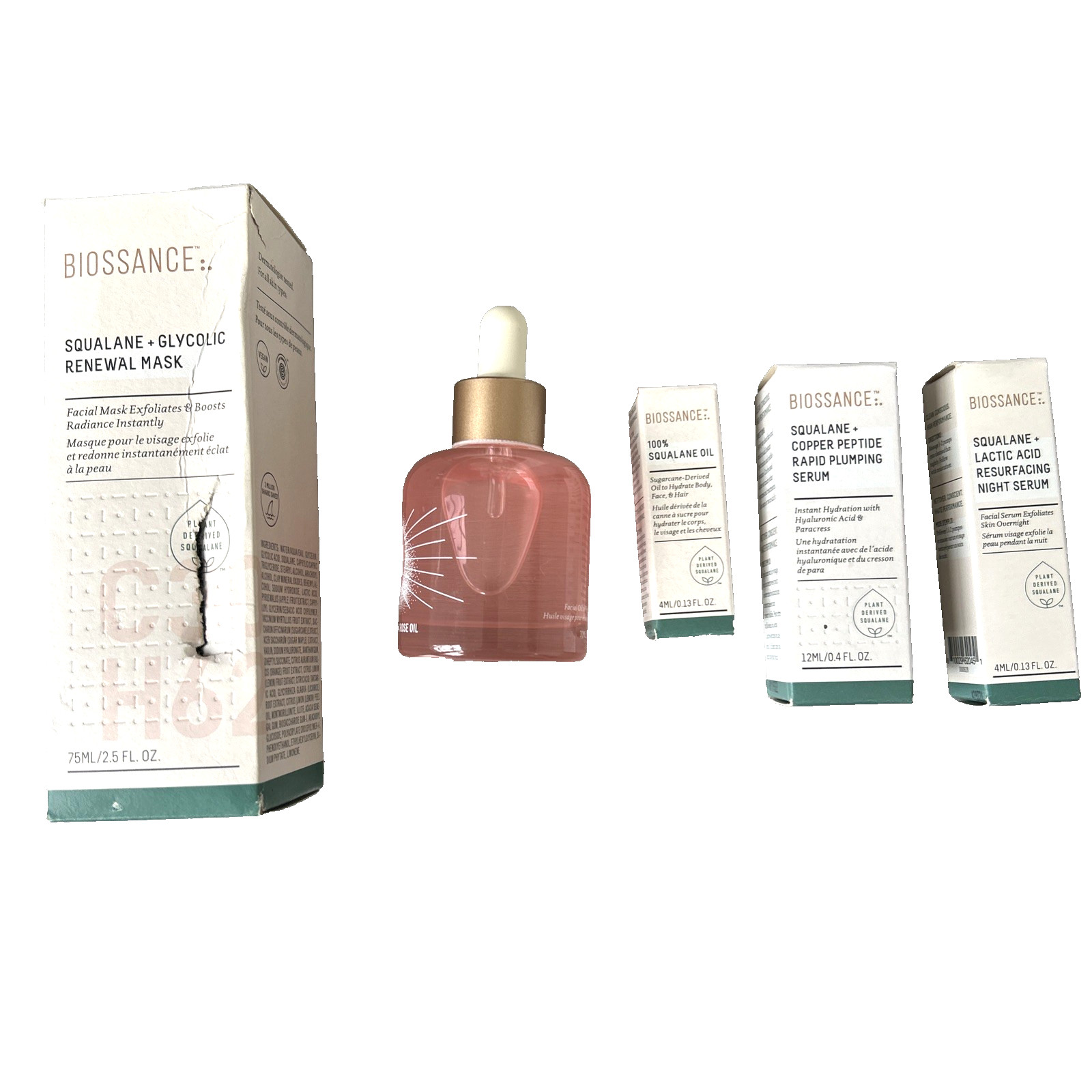 Biossance Squalane Bundle 5pcs Full Sz Mask & Vitamin C Rose Oil + 3 Travel Size
