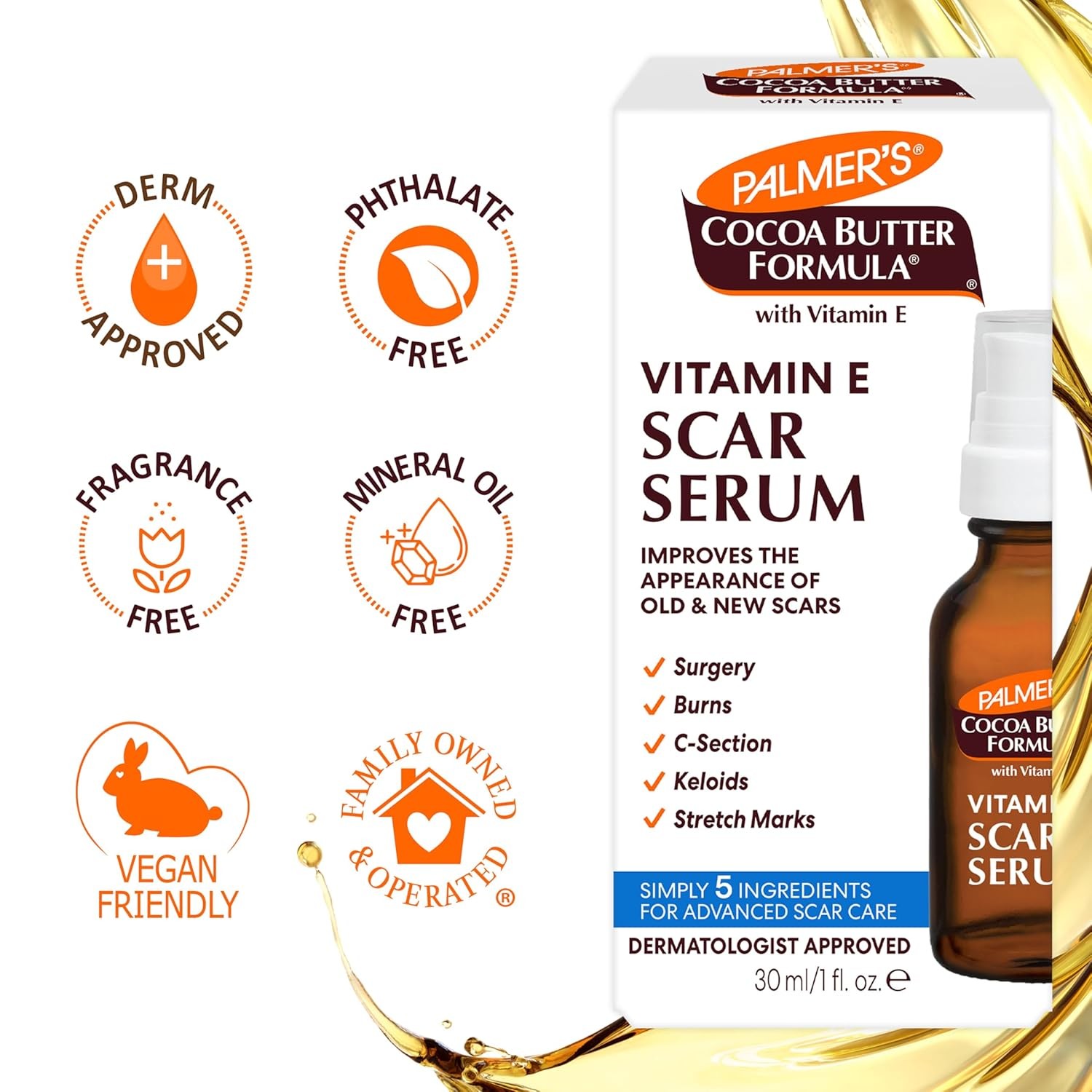 Palmer’s Cocoa Butter Formula Scar Serum, Skin Brightening Oil for Face & Body,