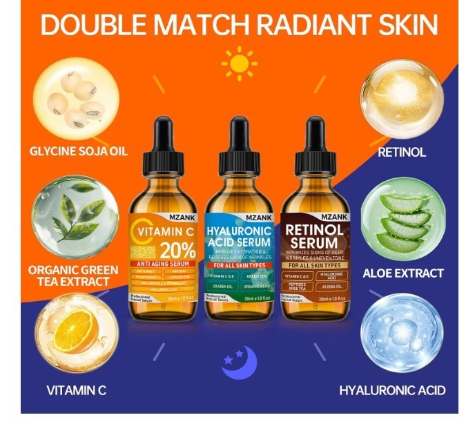 3 Pack Face Serum Set – Vitamin C, Hyaluronic Acid & Retinol