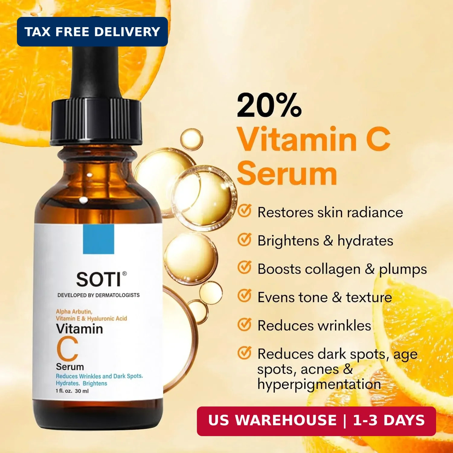 Vitamin C Face Serum with Hyaluronic Acid, Alpha Arbutin and Vitamin E, Anti Agi