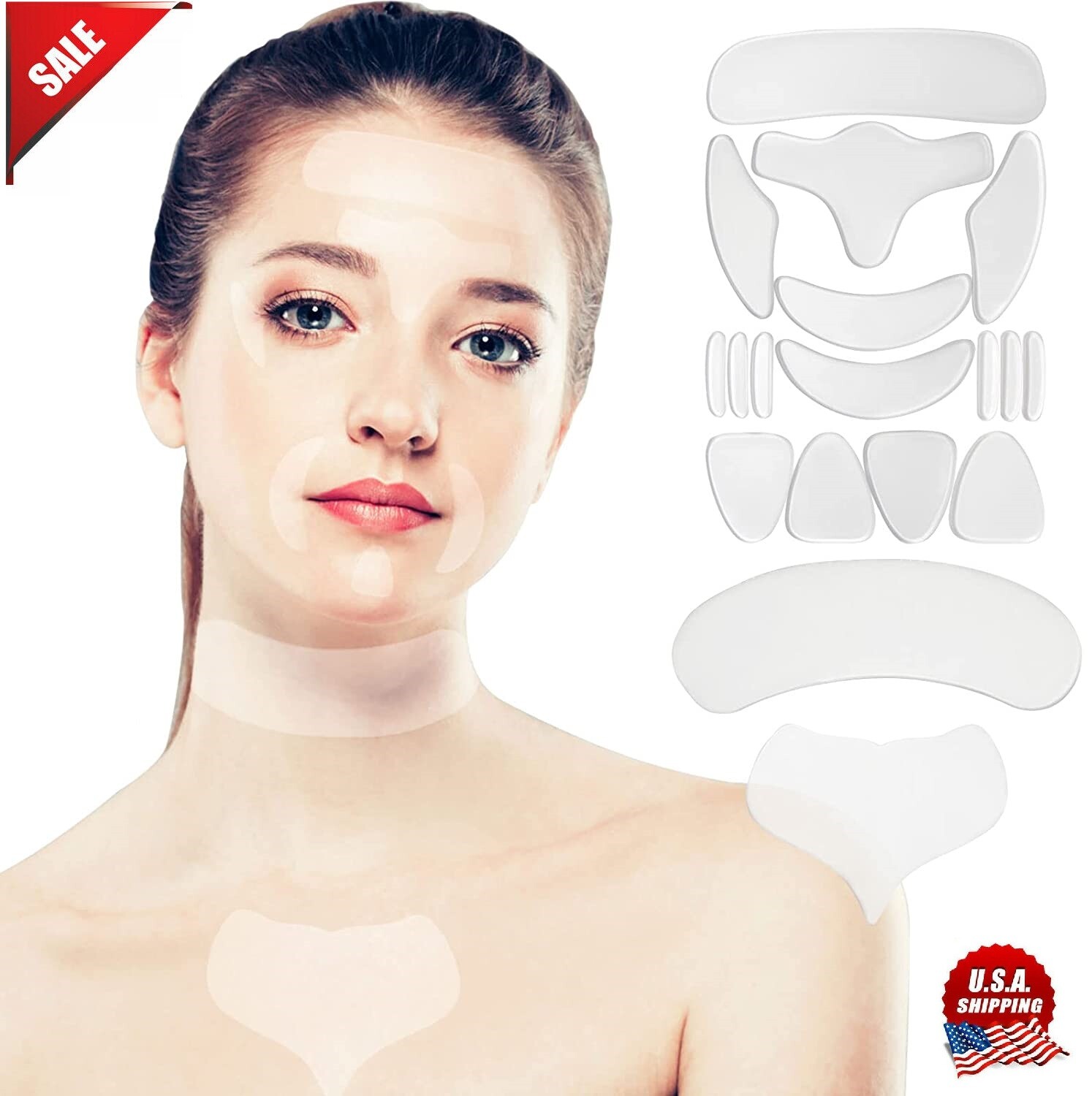 18× Face Neck Chest Anti Wrinkle Pad Reusable Silicone Skin Lift Patch Set USA