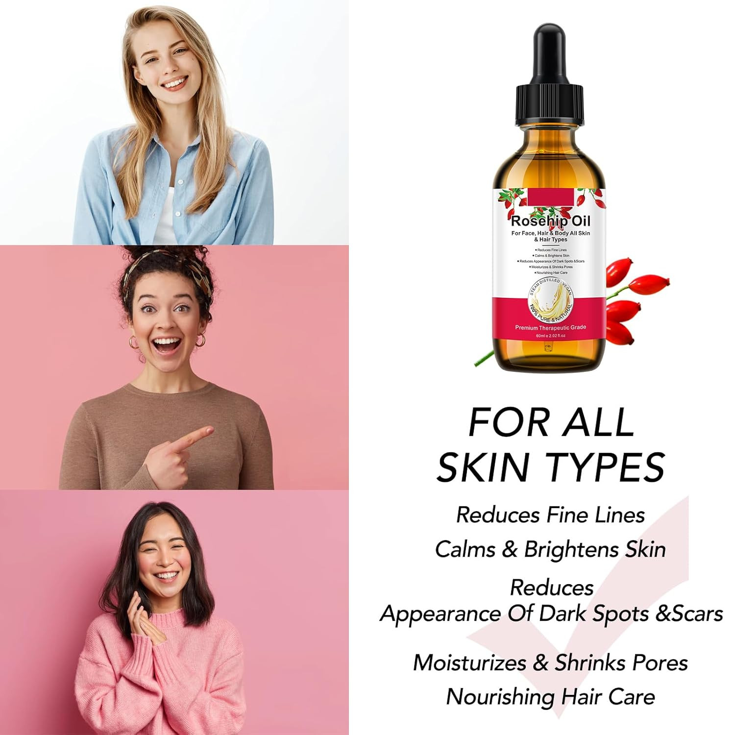 Rosehip Oil for Face, Rose Hip Oil Organic Rosehip Seed Oil 100% Pure Cold Press