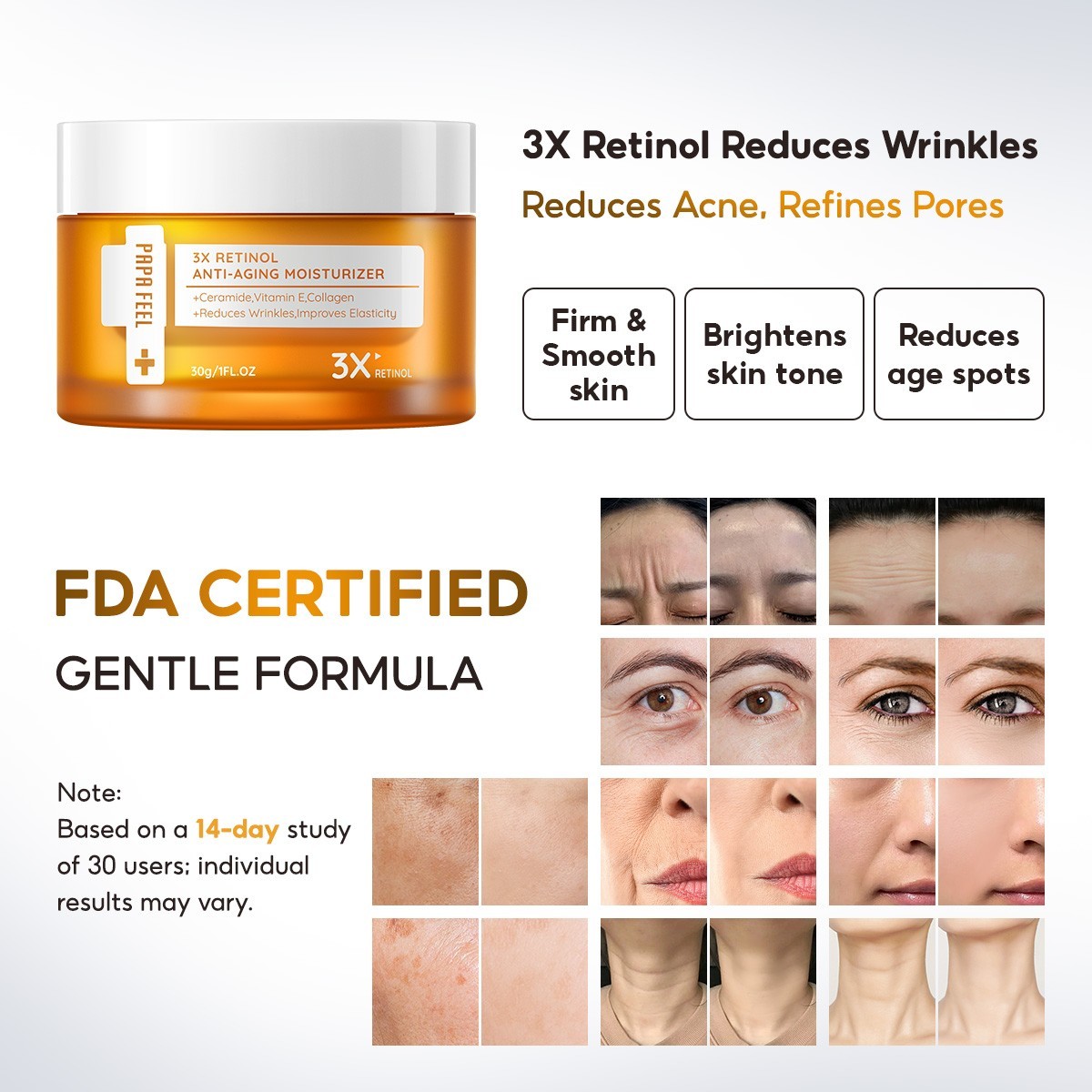 PAPA FEEL 3X Retinol Serum 20ml +Moisturizer Cream 30g Reduce Wrinkles Aging SET