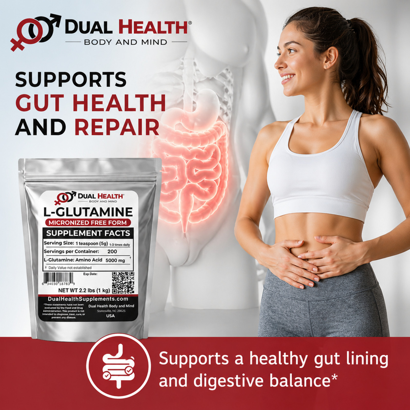 L-Glutamine Powder Pure Micronized Amino Acid Bulk Supplements Gut Health Power