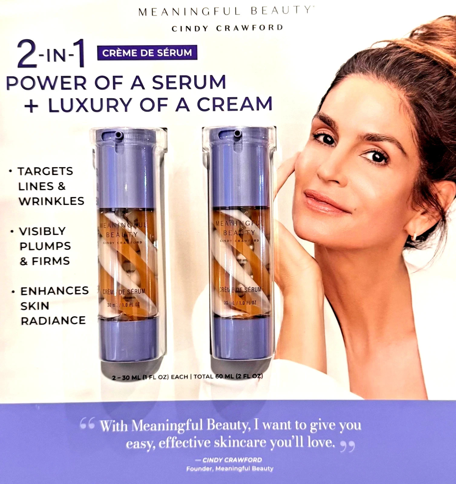 Cindy Crawford Meaningful Beauty Creme de Serum 2 Pack / 1.0oz NEW