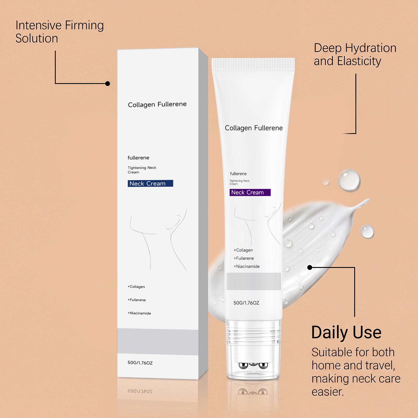 5PCS Magec Collagen Fullerene Neck Cream Firming Tightening with Roller 50g