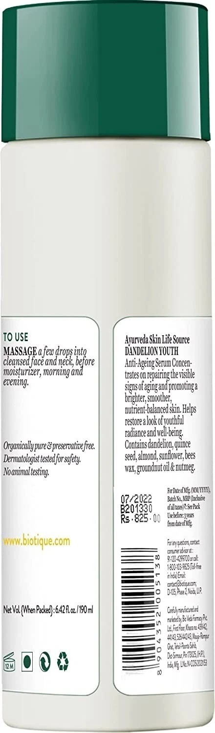 Biotique Dandelion Youth Anti-Ageing Face Serum, For All Skin Types, 190ml