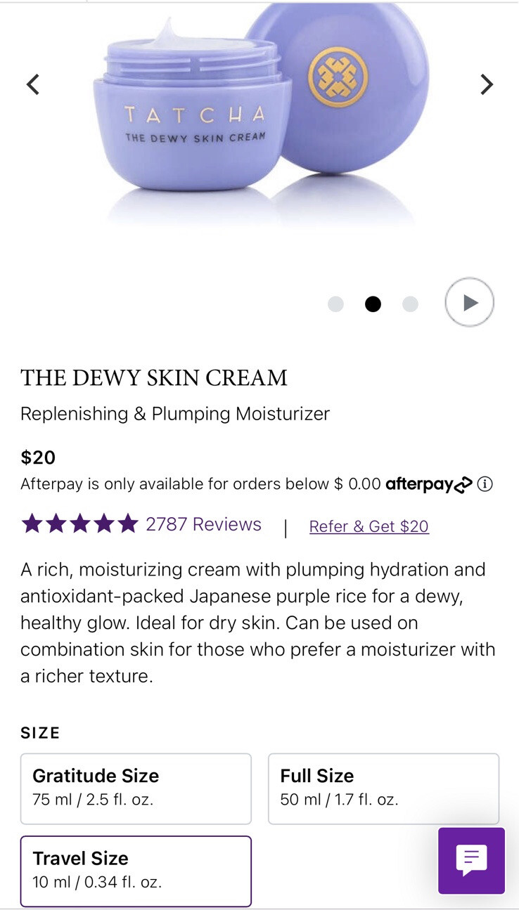 Tatcha The Dewy Skin Face Cream Purple Rice Moisturizer .34oz/10mL Travel SZ $20