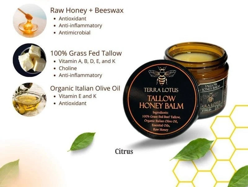 Terra Lotus Organic Grass-Fed Beef Tallow Balm with Raw Honey 2oz Lavender Scent