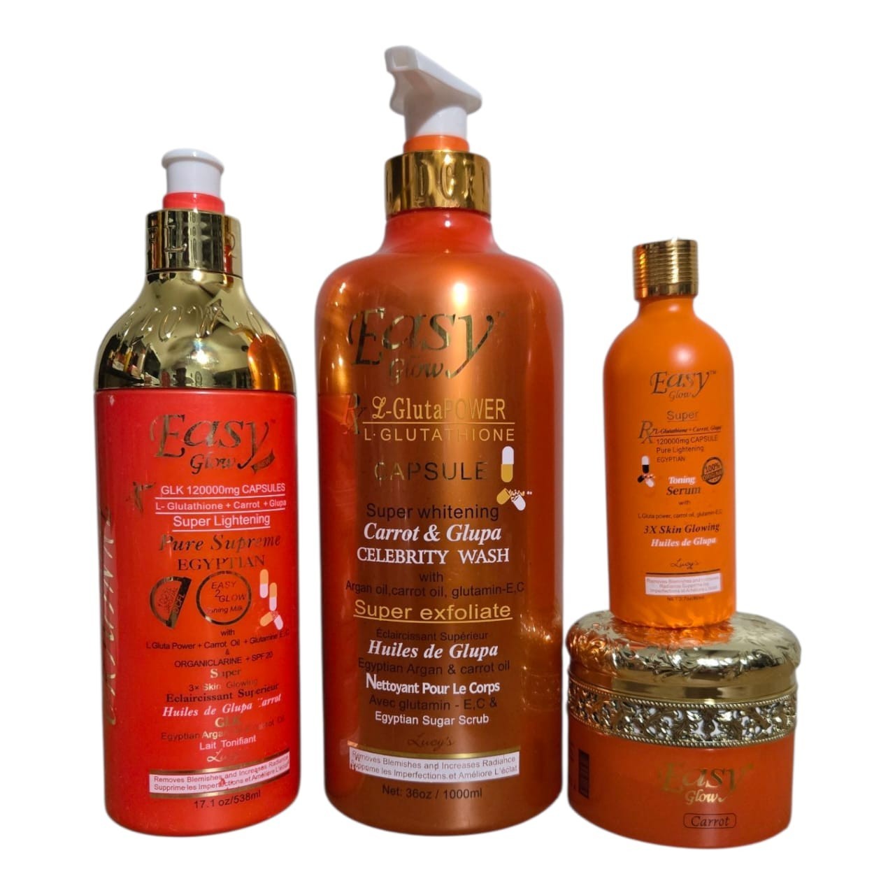 Easy Glow Carrot Toning Shower Gel, Lotion, Face Cream& Serum. Perfect Glowing