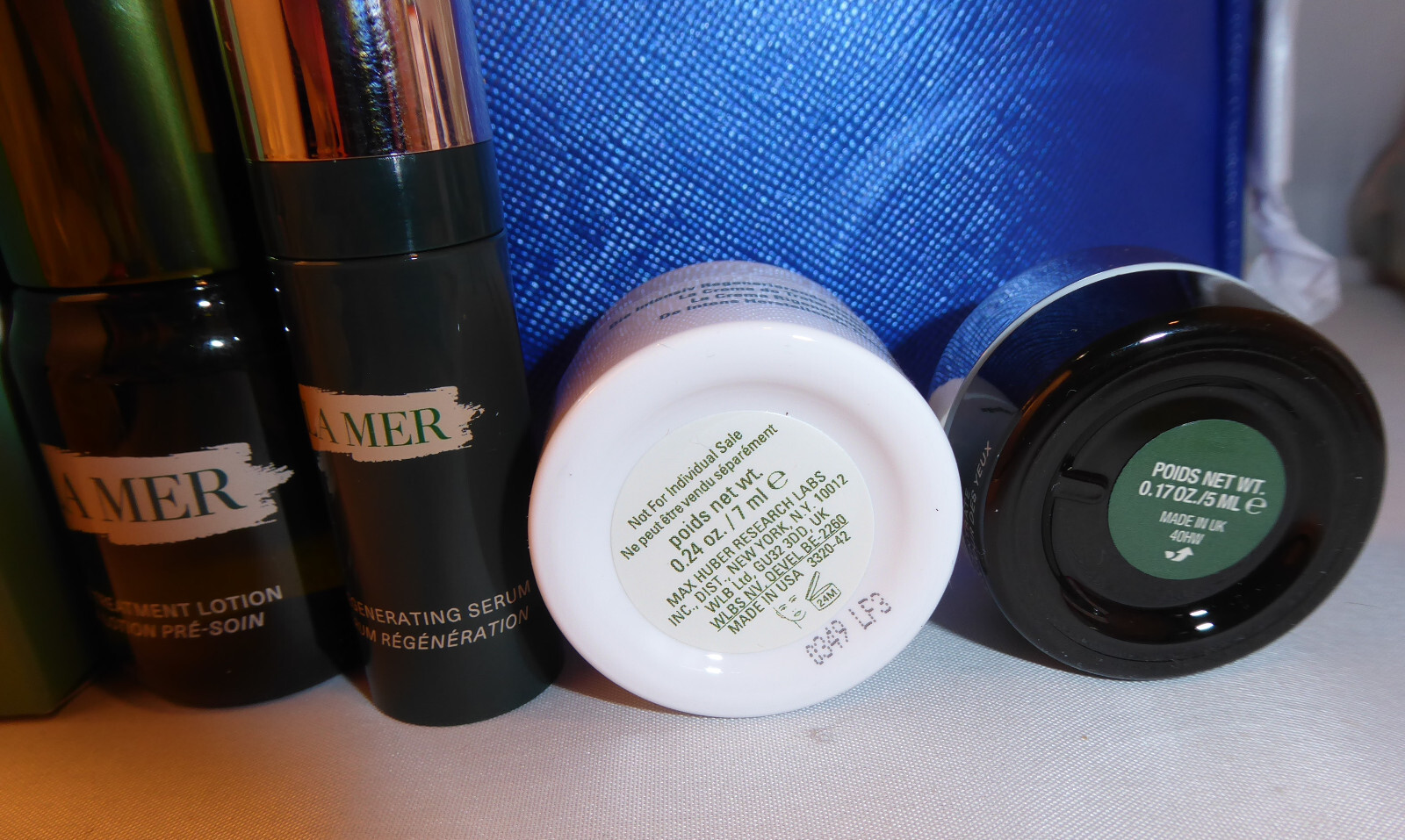 LA MER 5PC Mini Gift Set Blue Bag, Treatment Lotion, Cream, Serum, Eye Cream NEW
