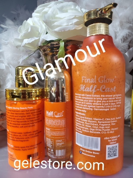 3pcs: final Glow exfoliating shower gel, smooth organic lotion & carrot serum