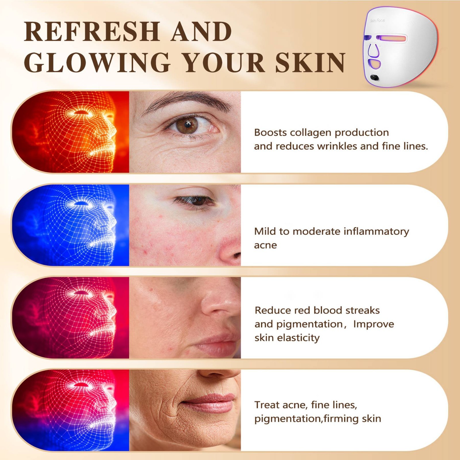 LED Face Mask Red Light Therapy Skin Rejuvenation Anti Aging Portable Home Use