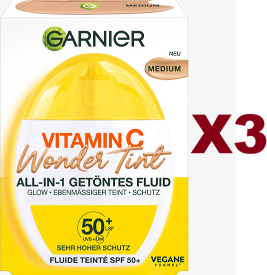 3PCS GARNIER VITAMIN C WONDER TINT COLORED FLUID 3 IN 1 SPF 50+ MEDIUM 40ML