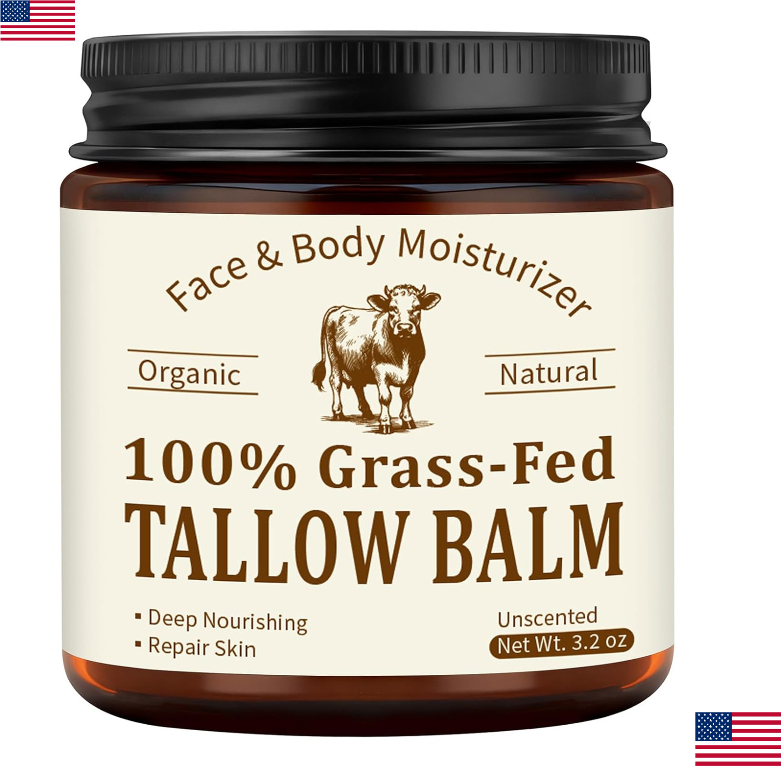 Beef Tallow for Skin & Face, Organic Grass Fed Beef Tallow Balm, Unscented USA